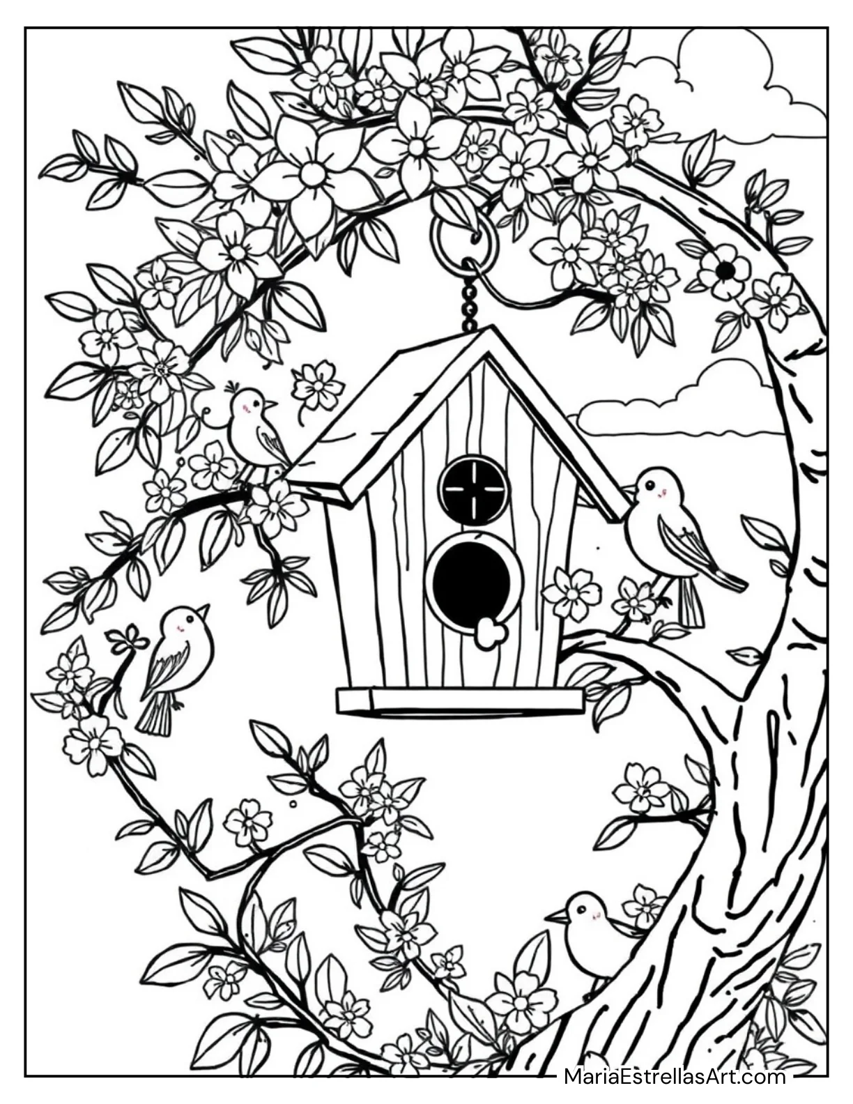 Birdhouse in a Blooming Tree Coloring Page