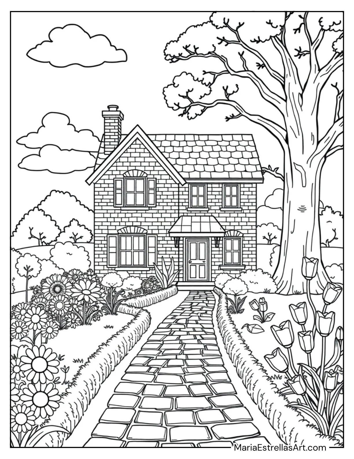 Brick House with Flowers Coloring Sheet