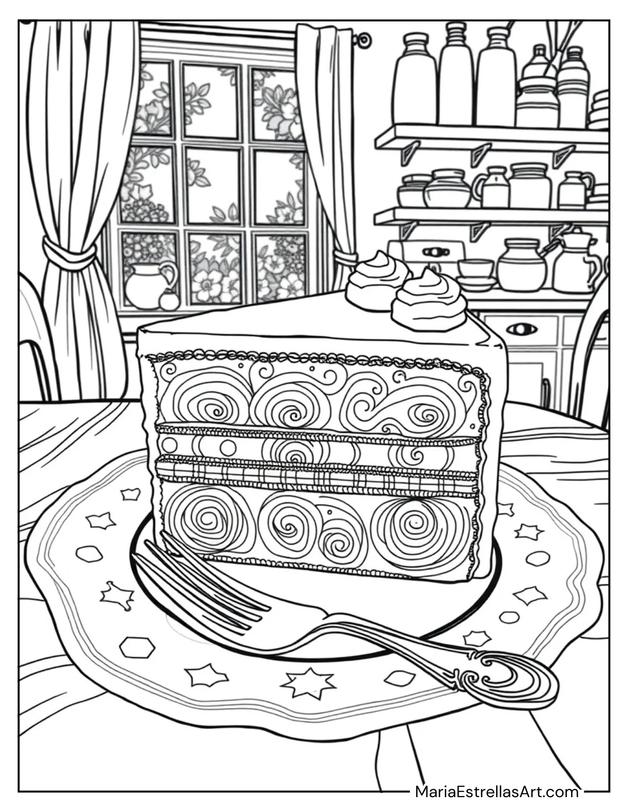 Cake Slice on a Plate with a Fork Coloring Sheet