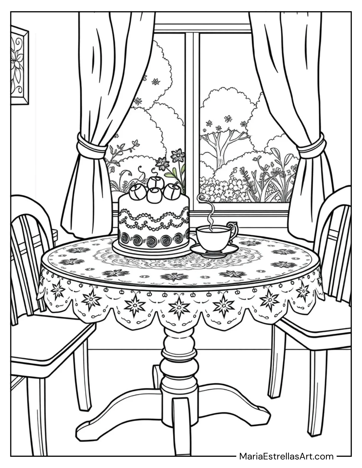 Cake and a Cup of Tea on a Table Coloring Sheet