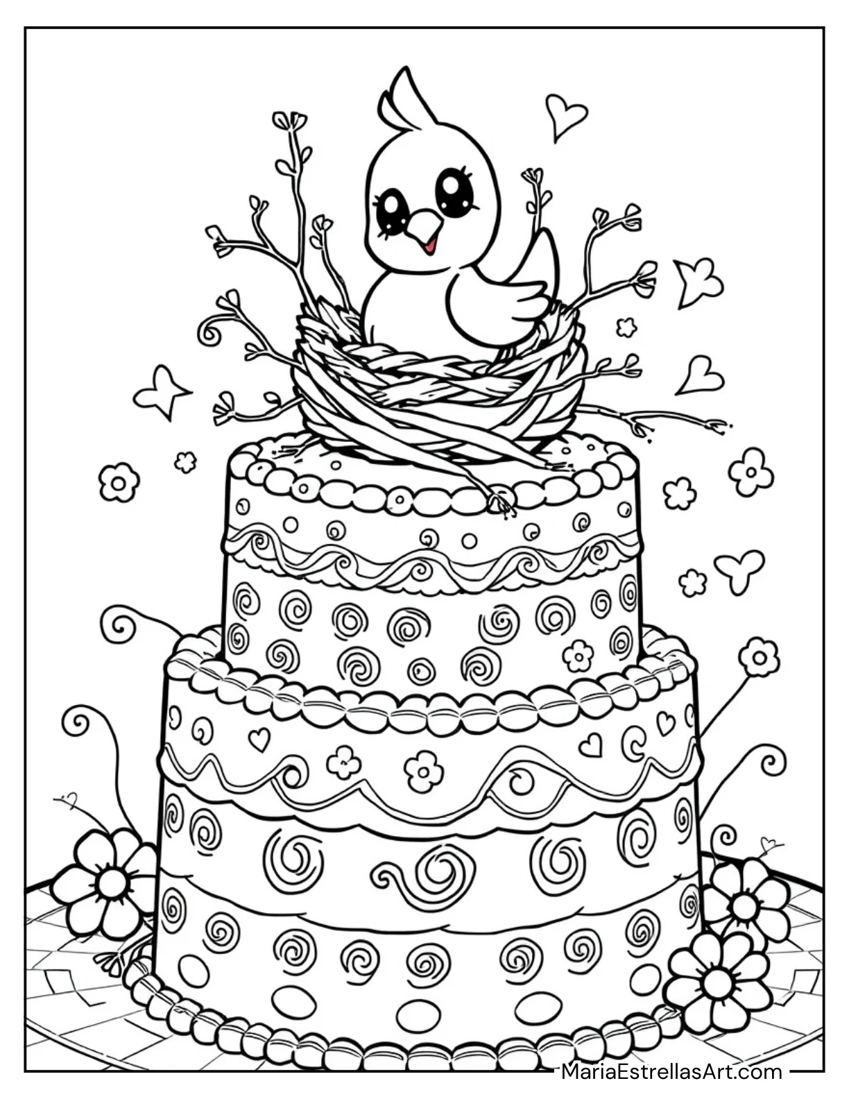 Cake with a Cute Bird and Nest on Top Coloring Page