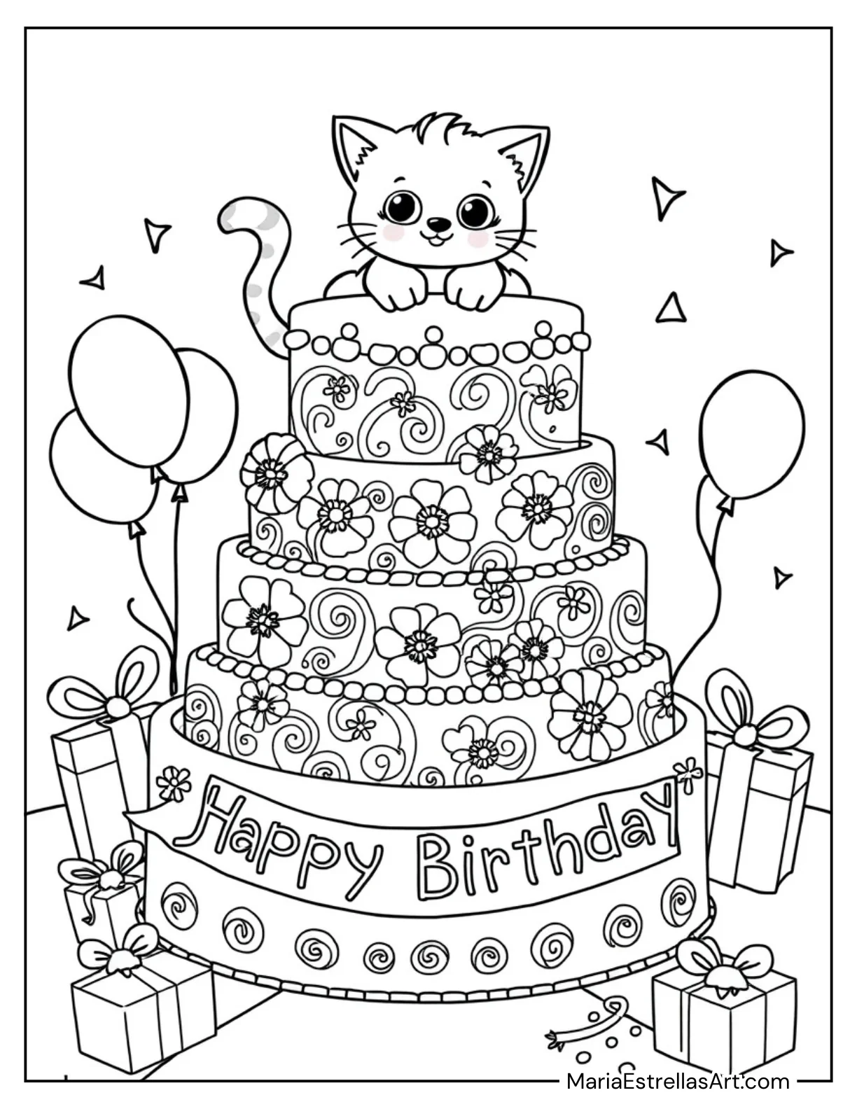 Cake with a Cute Cat Sitting on Top Coloring Sheet