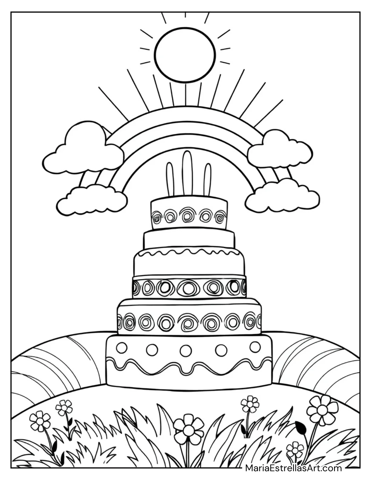 Cake with a Rainbow Arch and Clouds Coloring Sheet