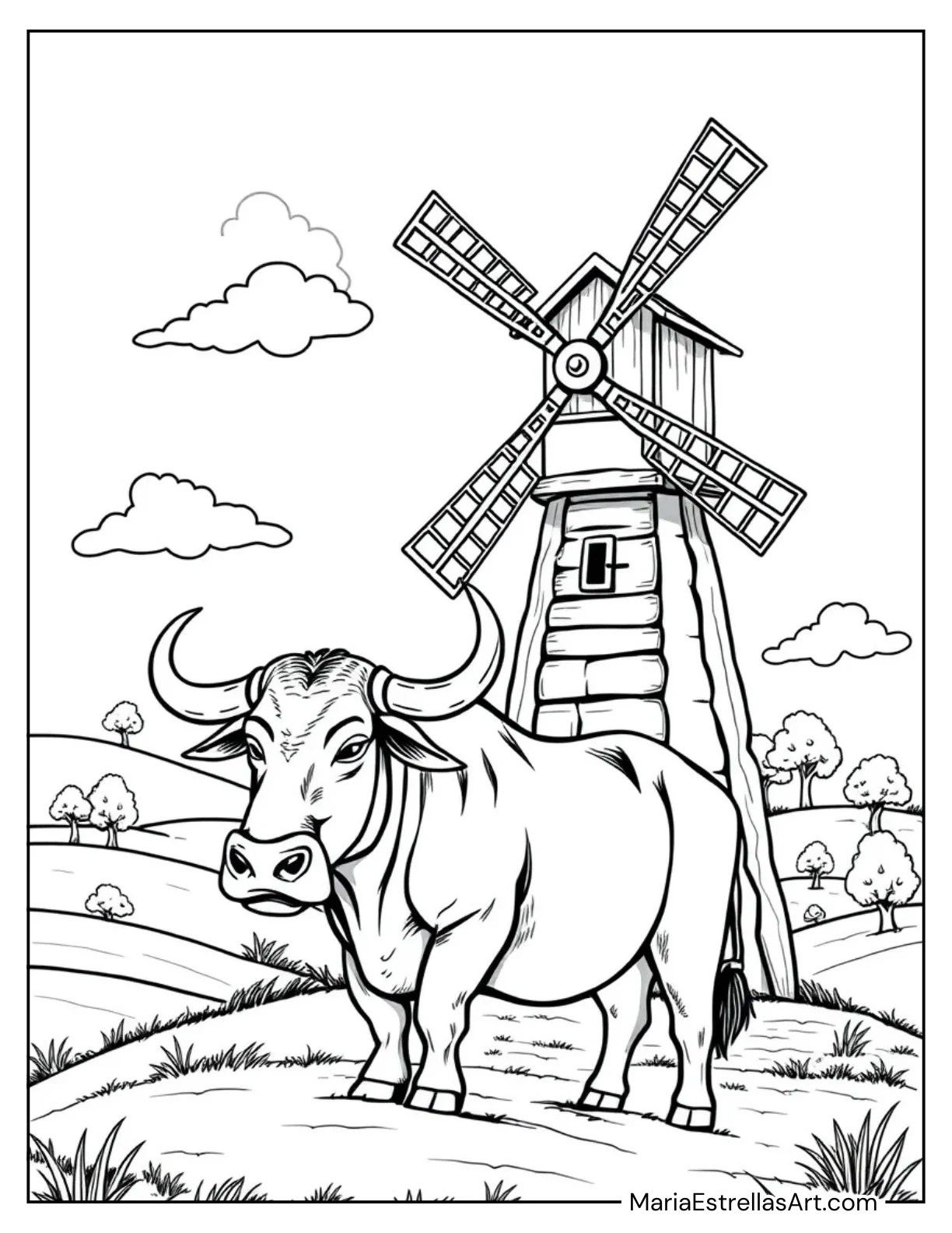 Carabao Near a Wooden Windmill Coloring Page