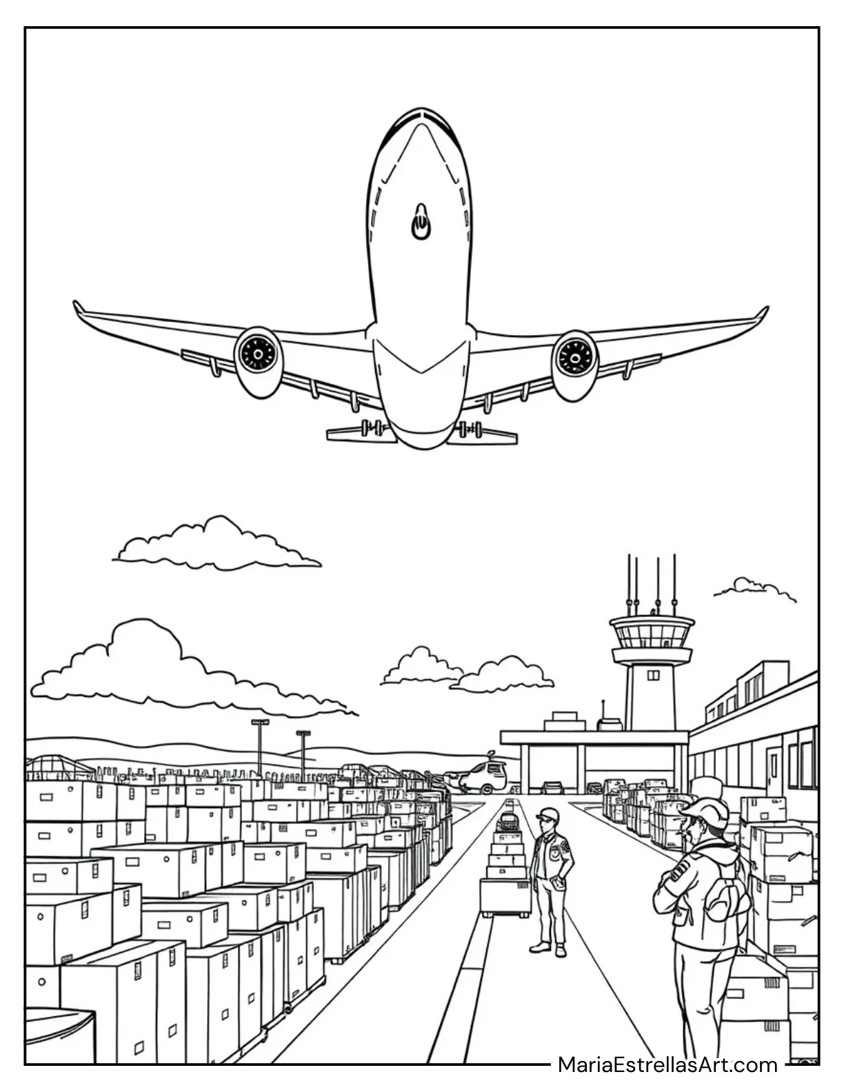 Cargo Plane Delivering Packages Coloring Sheet