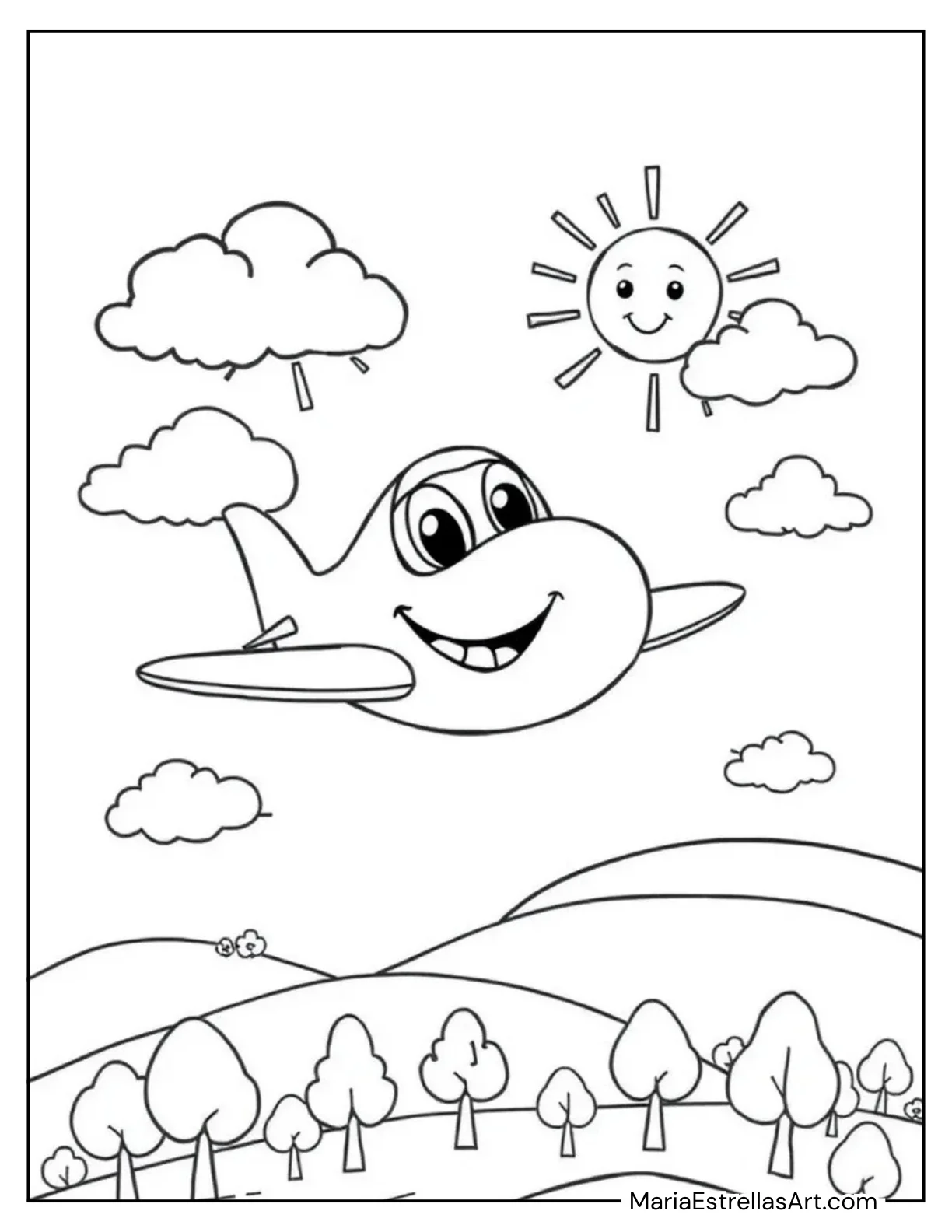 Cartoon Airplane With a Smiling Face Coloring Page