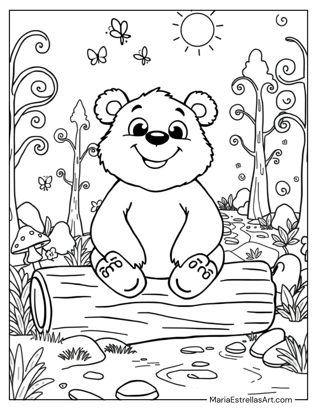 Cartoon Bear Sitting on a Log for Kids to Color