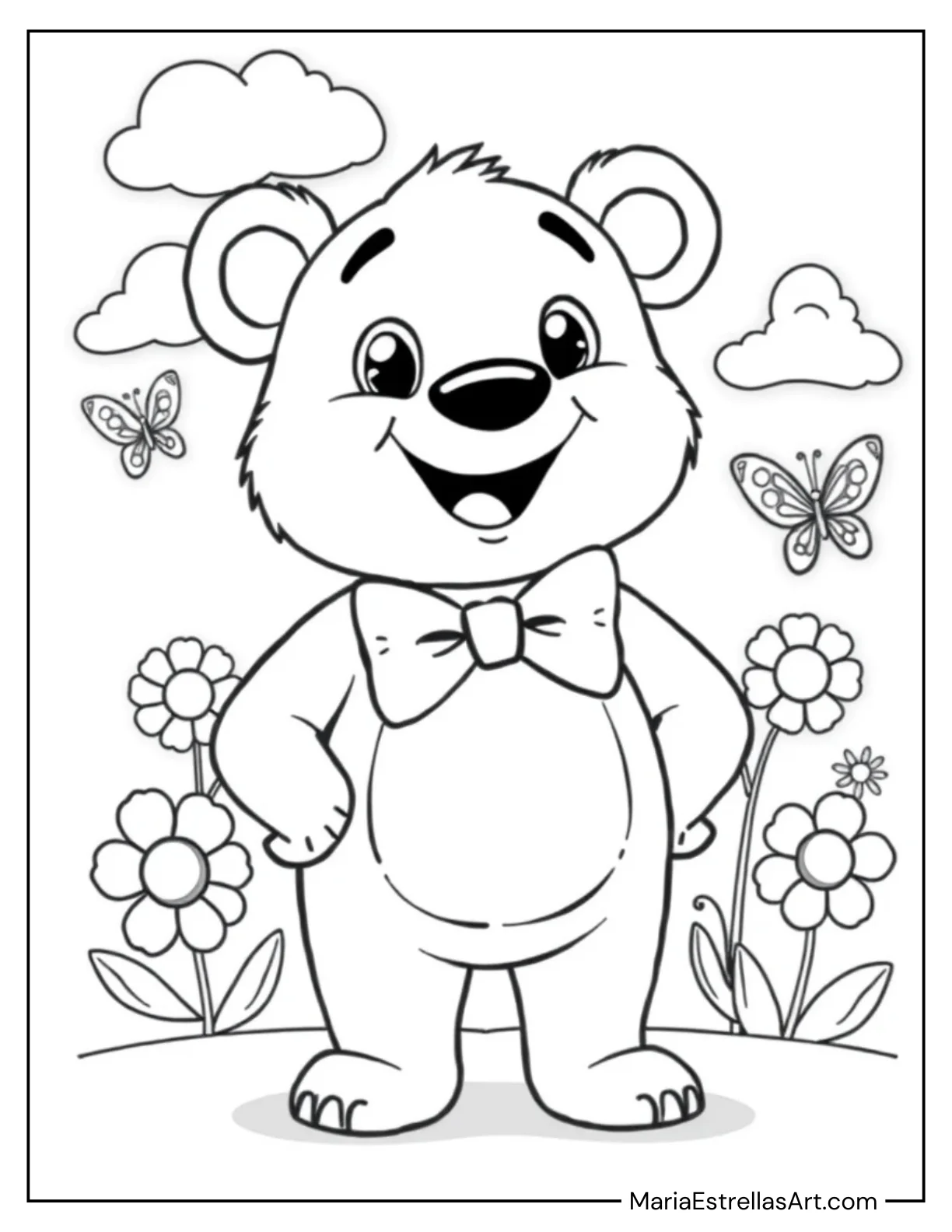 Cartoon Bear with a Bowtie for Kids to Color