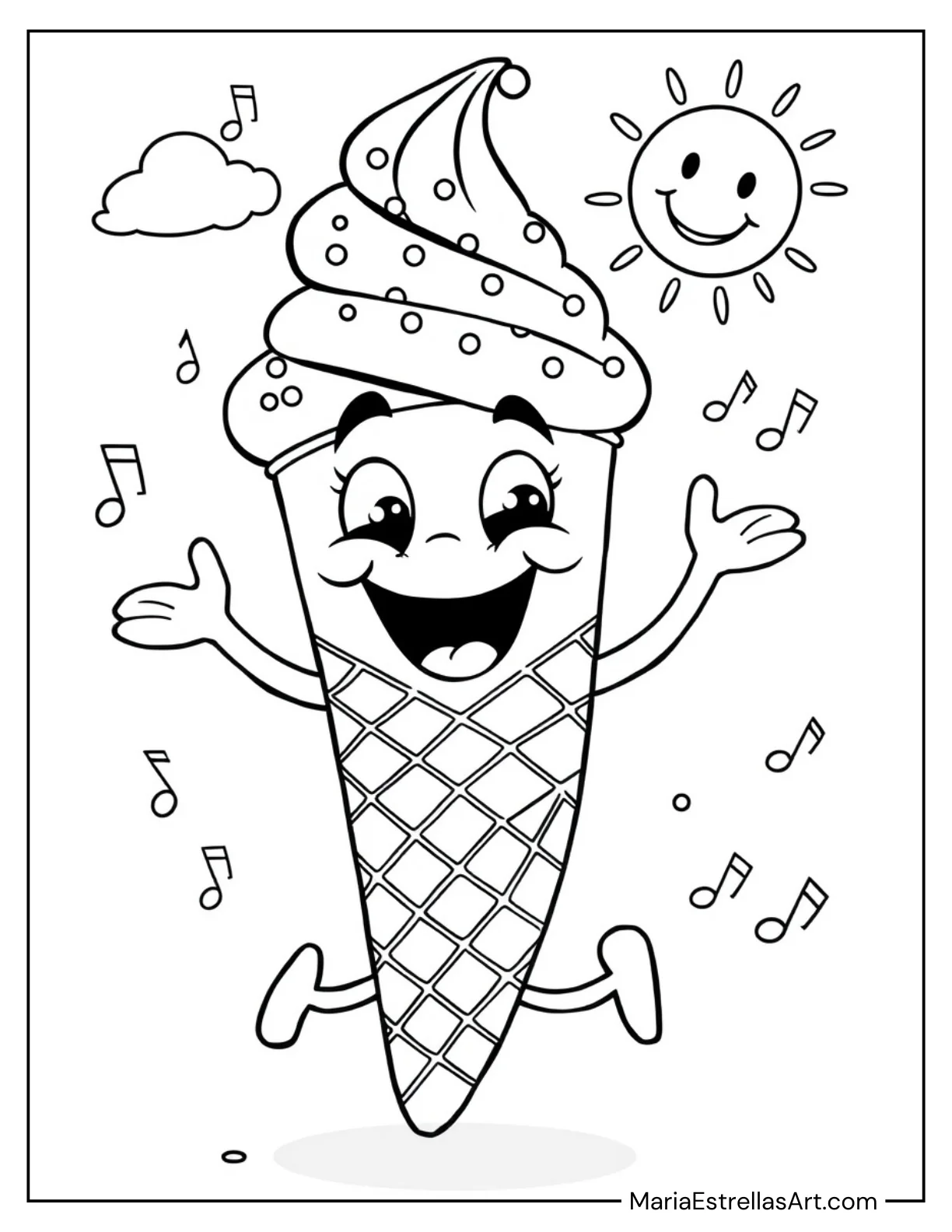 Cartoon Ice Cream Cone Doing a Dance Coloring Sheet