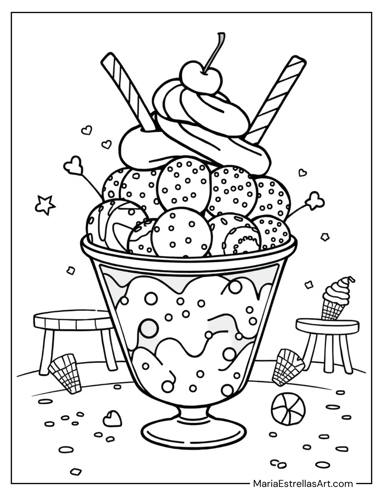 Cartoon Ice Cream Sundae with a Straw Coloring Page