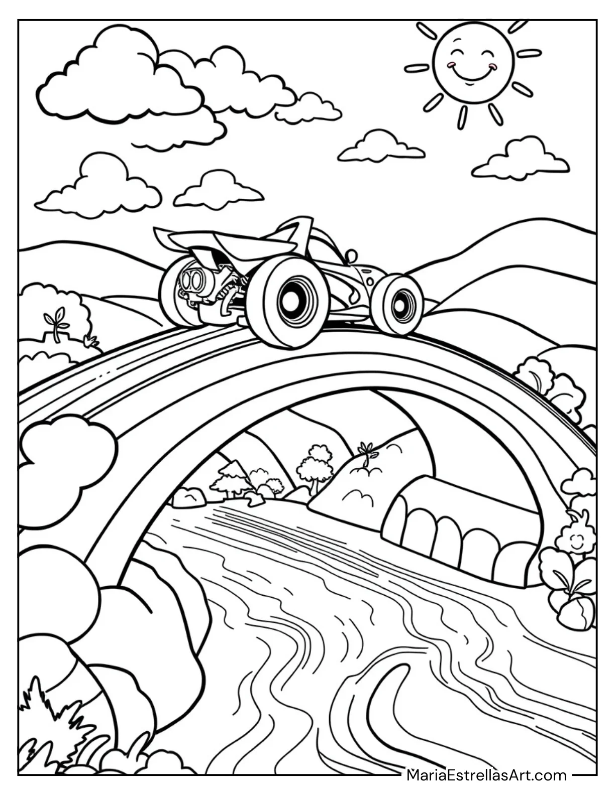 Cartoon Race Car Crossing a Rainbow Bridge