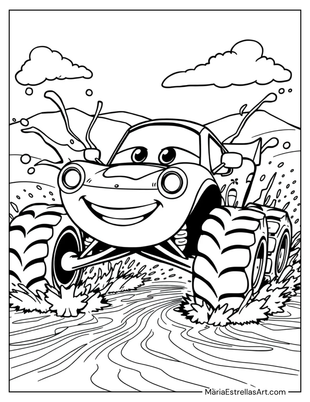 Cartoon Race Car Spinning Its Wheels in the Mud