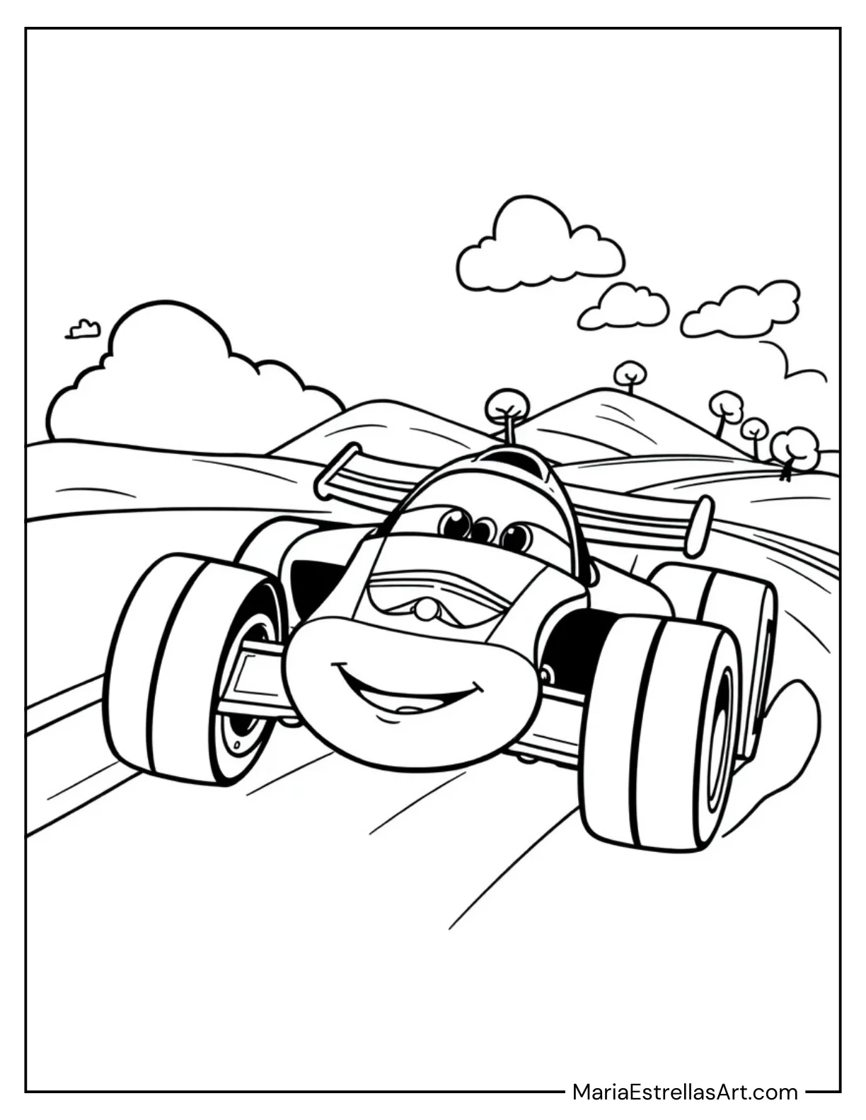 Cartoon Race Car Zooming Past Clouds Coloring Page