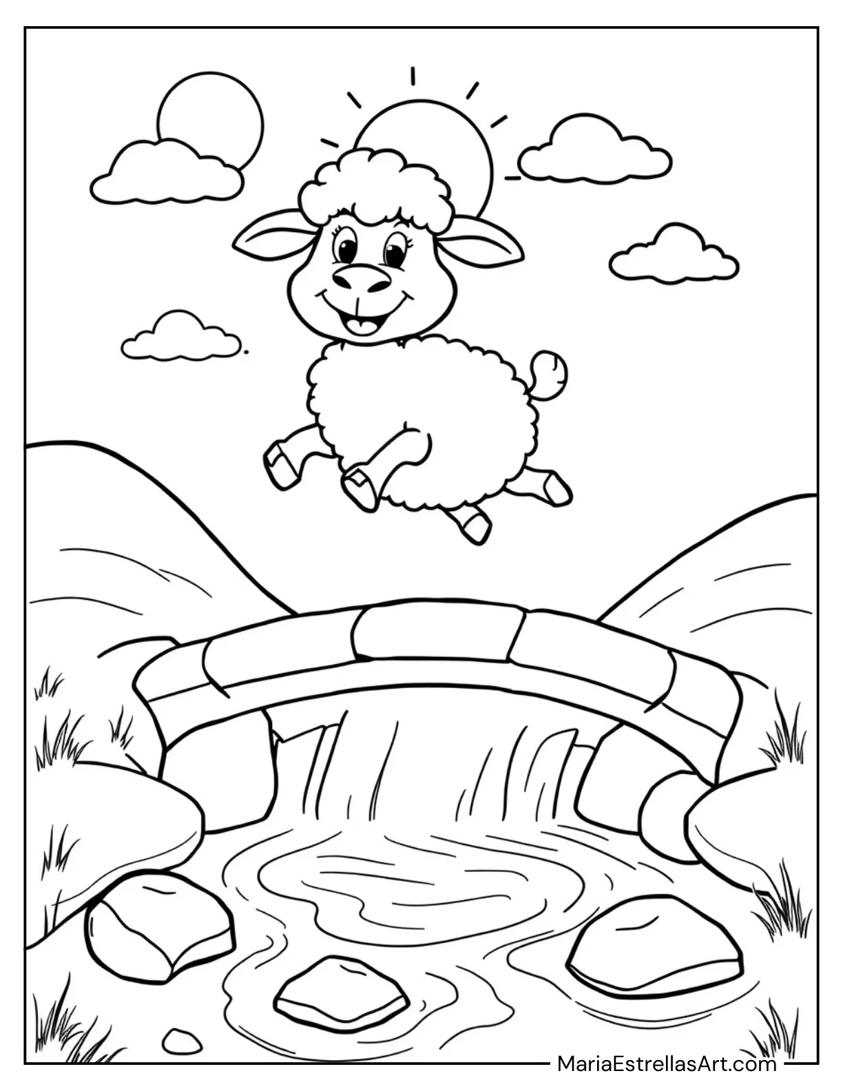 Cartoon Sheep Jumping Over a River