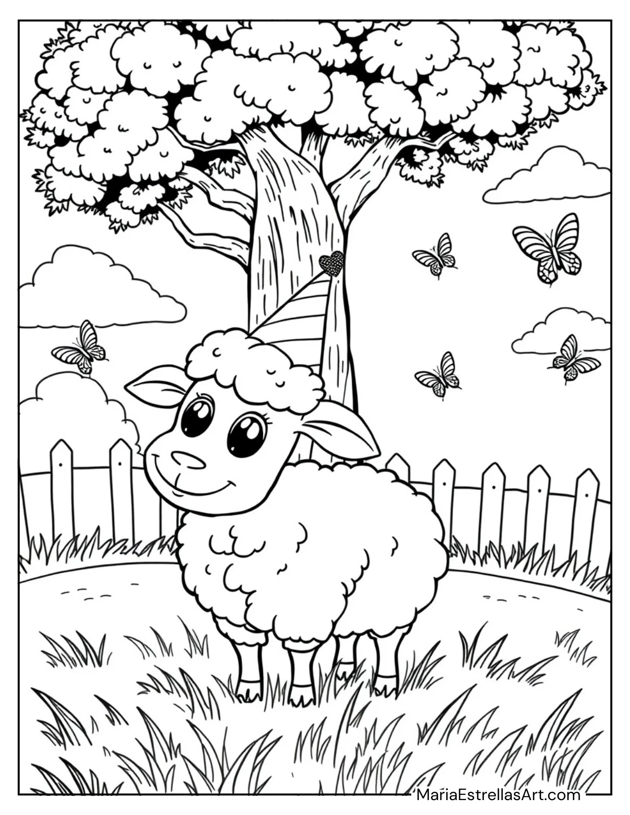 Cartoon Sheep with a Party Hat Coloring Page