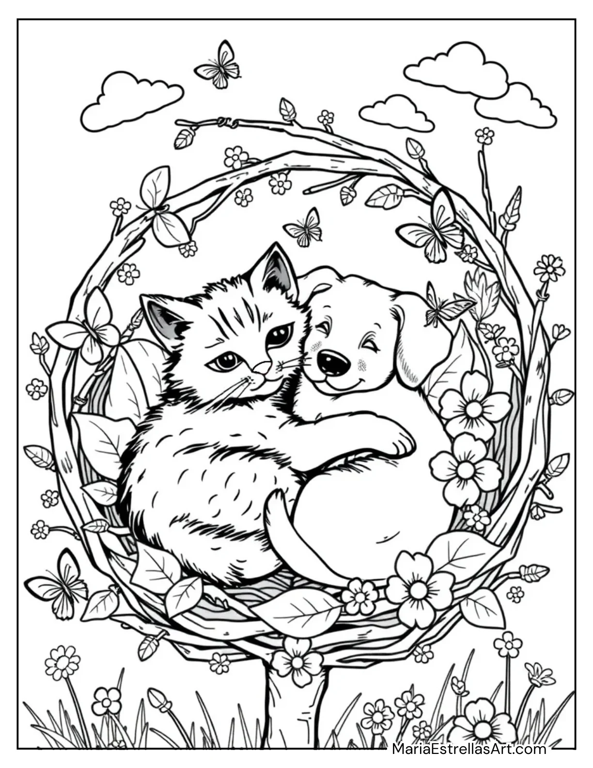 Cat and Dog Cuddling in a Cozy Nest Coloring Sheet