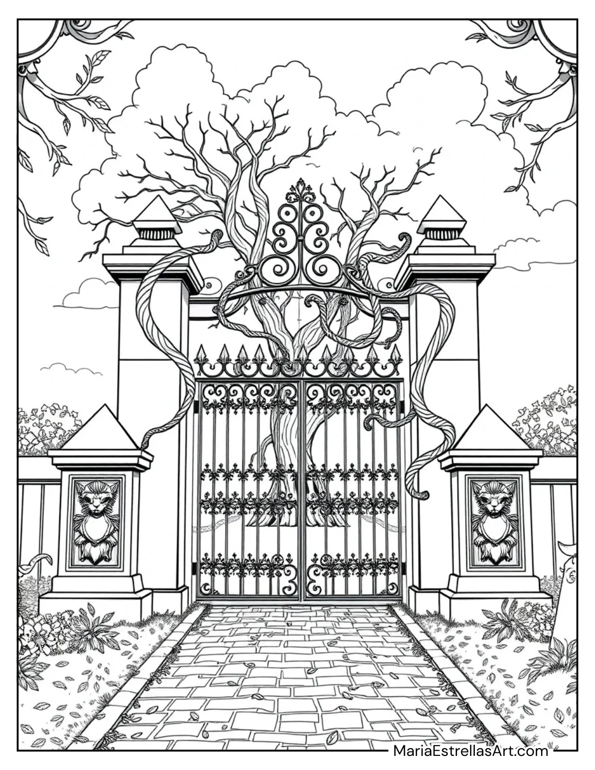 Cemetery Gate With Twisting Vines Coloring Sheet