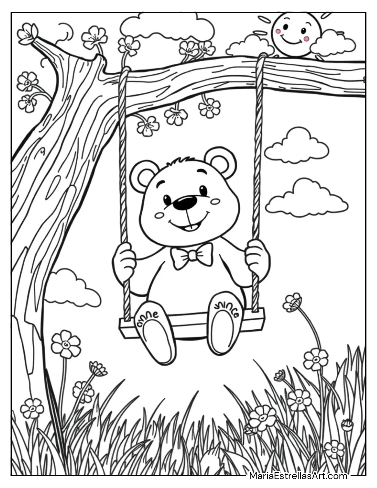 Cheerful Bear on a Swing for Kids to Color