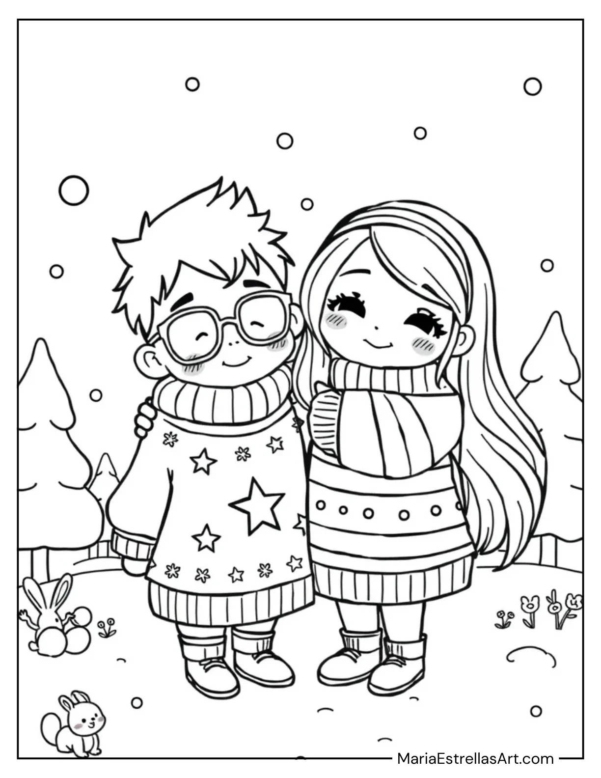 Chibi Best Friends Hugging in Warm Sweaters