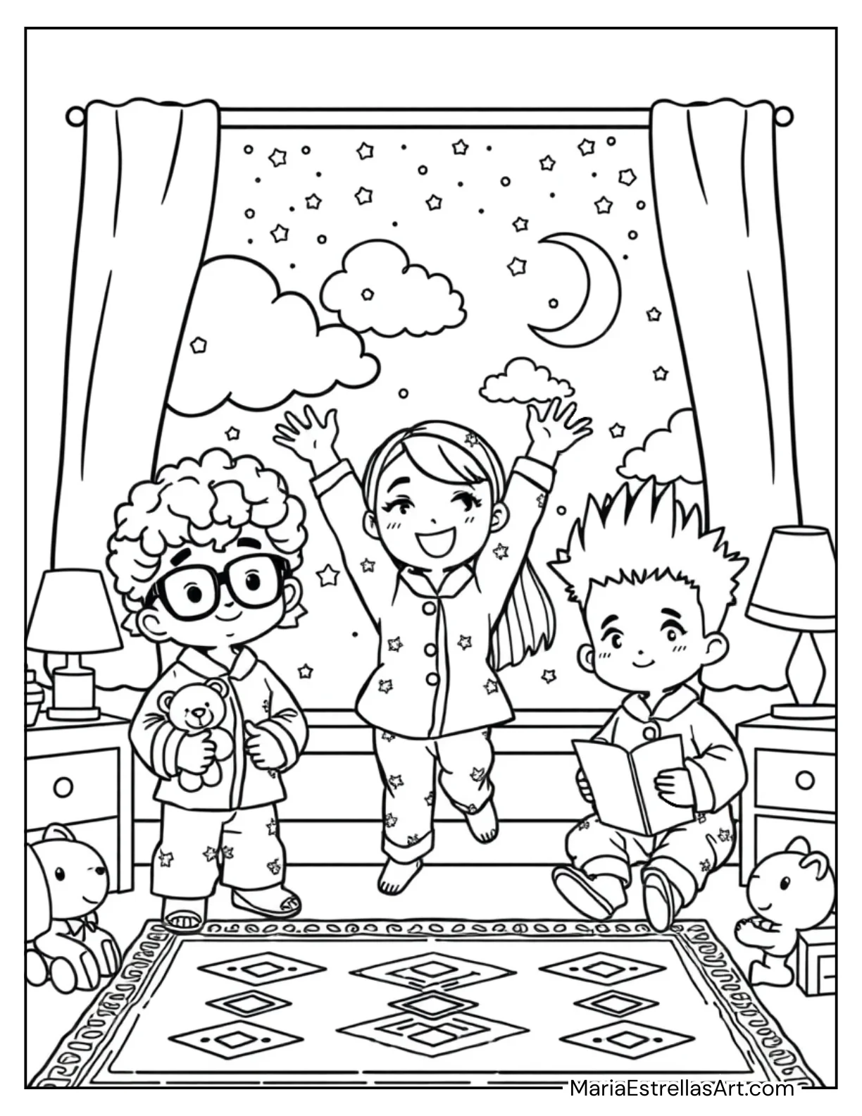 Chibi Friends Having a Sleepover Coloring Sheet