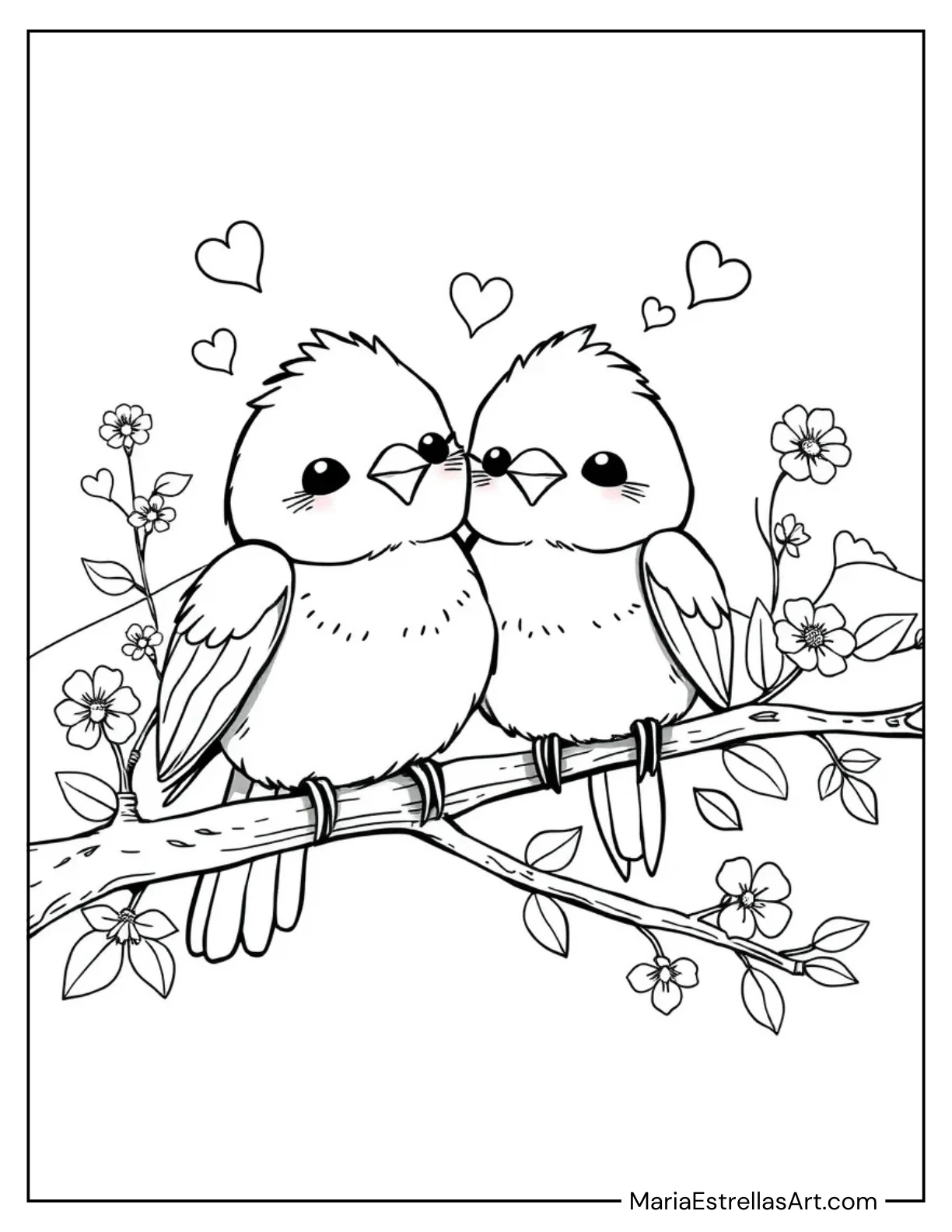 Chibi Lovebirds Sitting on a Branch