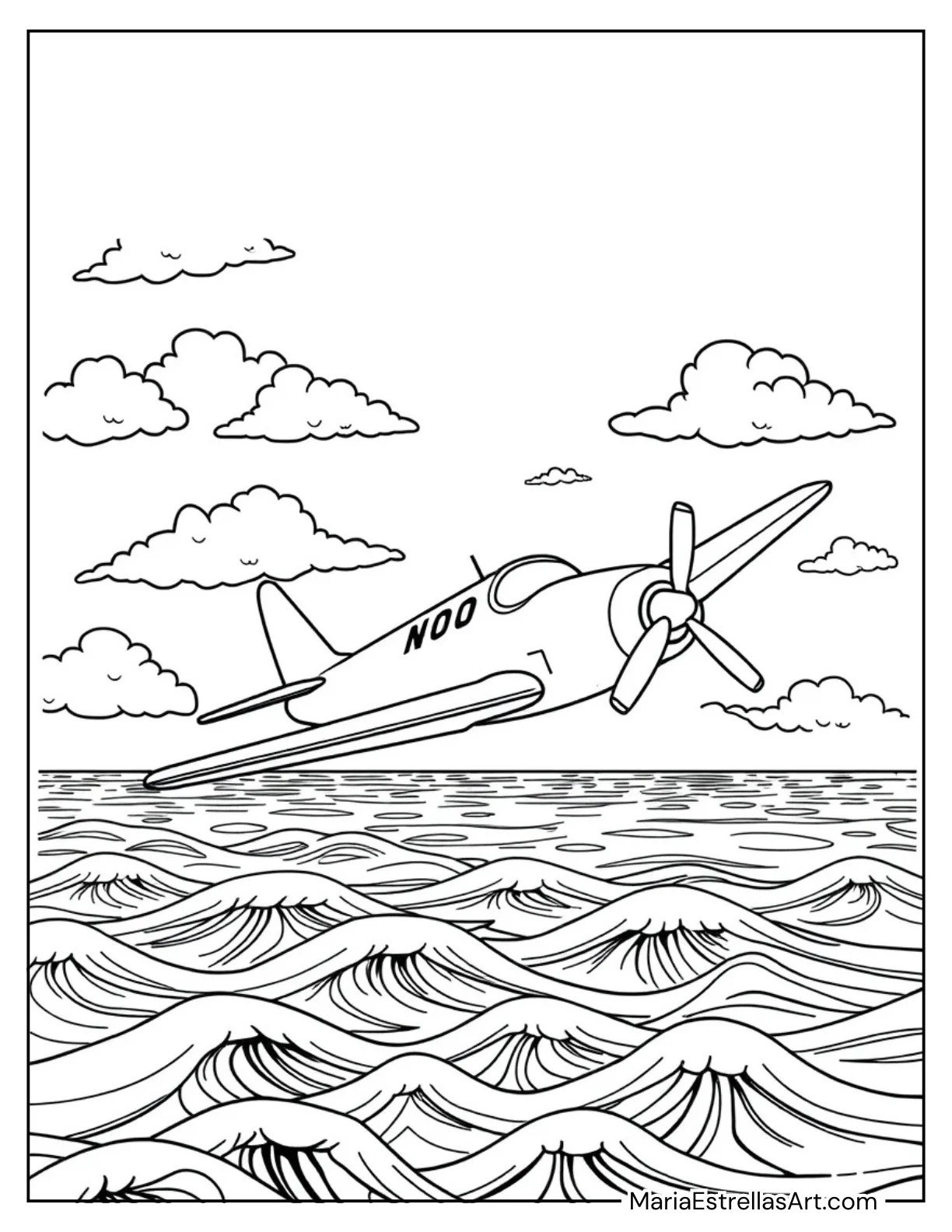 Classic Airplane Flying Over the Ocean Coloring Page