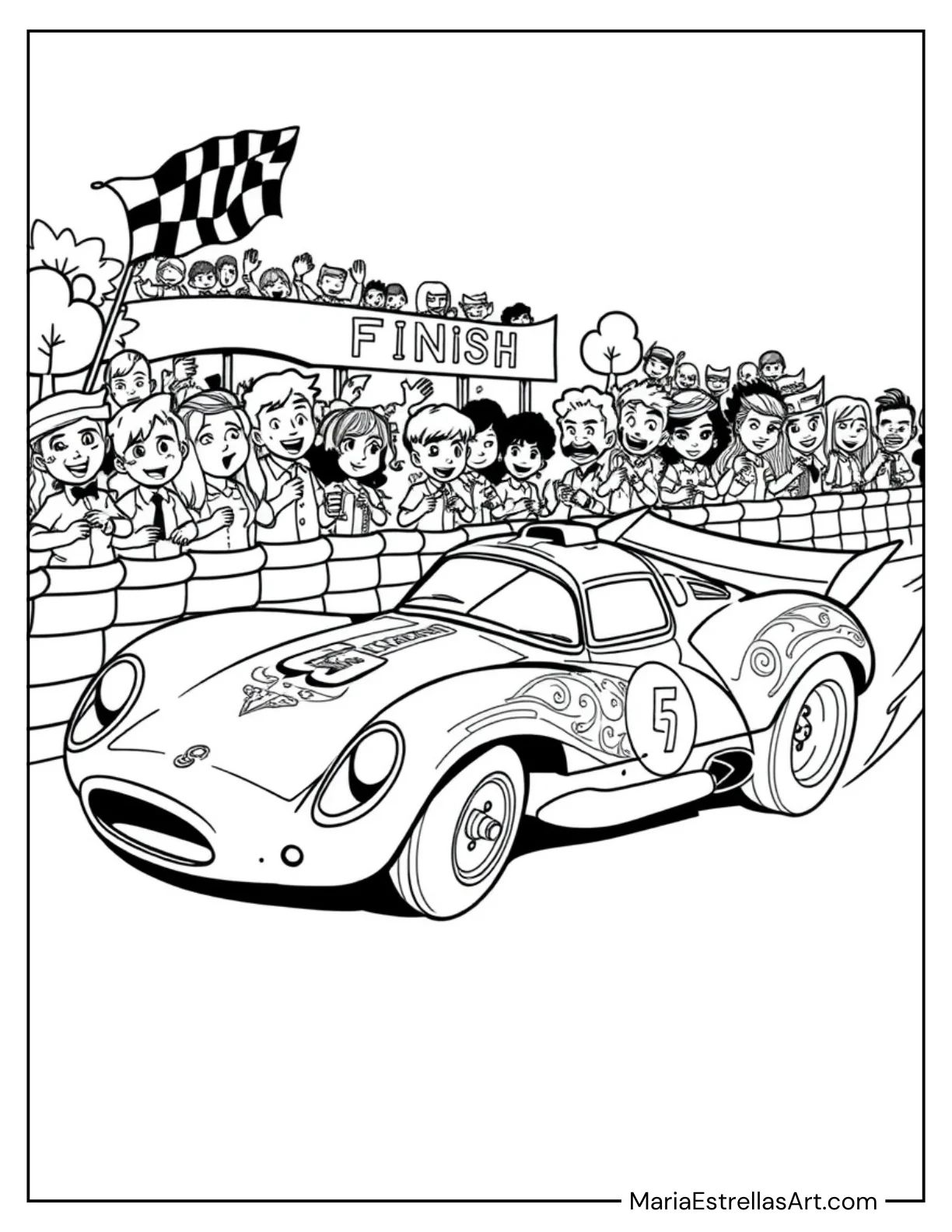 Classic Race Car Crossing the Finish Line Coloring Sheet