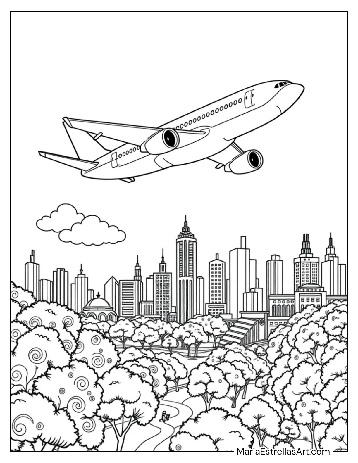 Commercial Airplane Flying Over a City Coloring Page