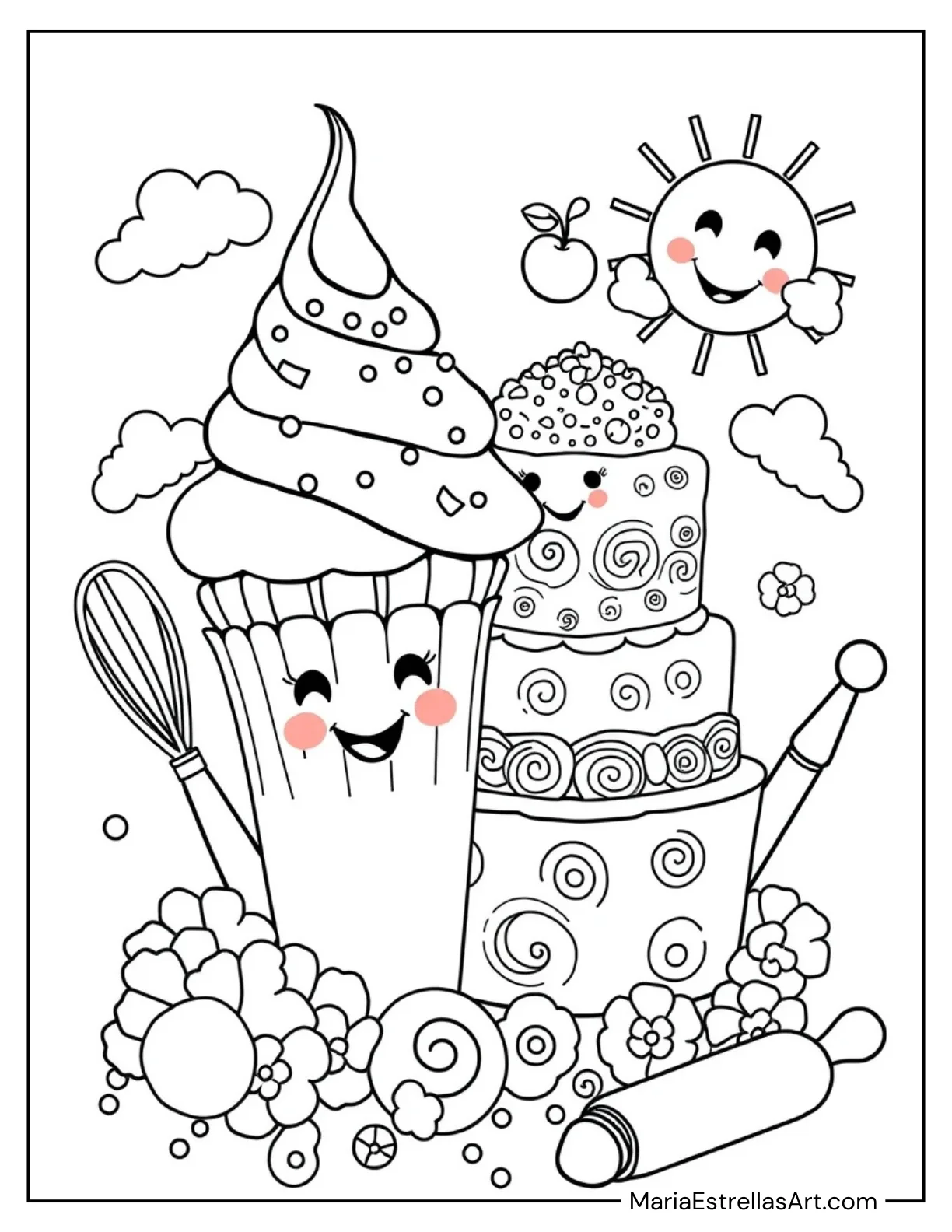 Cupcake and Cake Duo with Smiling Faces Coloring Sheet