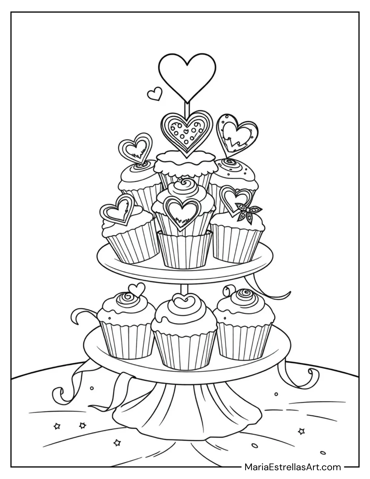 Cupcakes With Heart Toppers Coloring Sheet