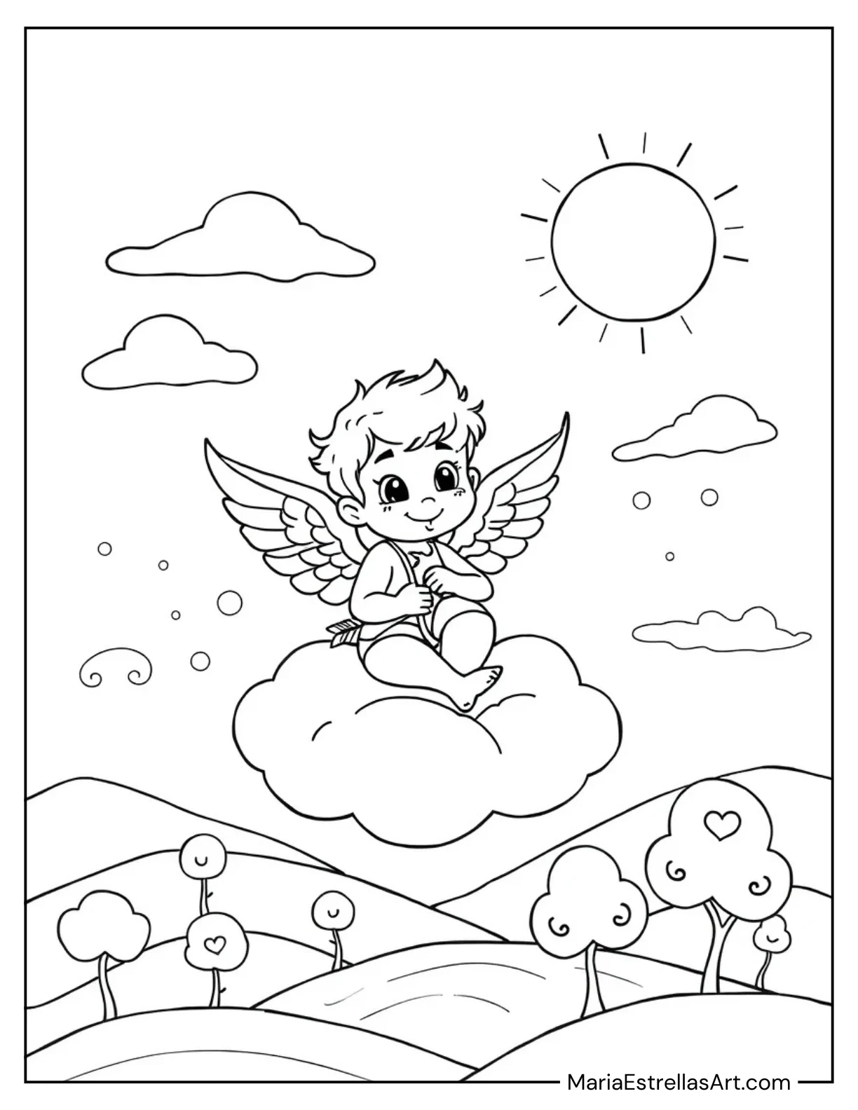 Cupid Sitting on a Cloud Coloring Sheet