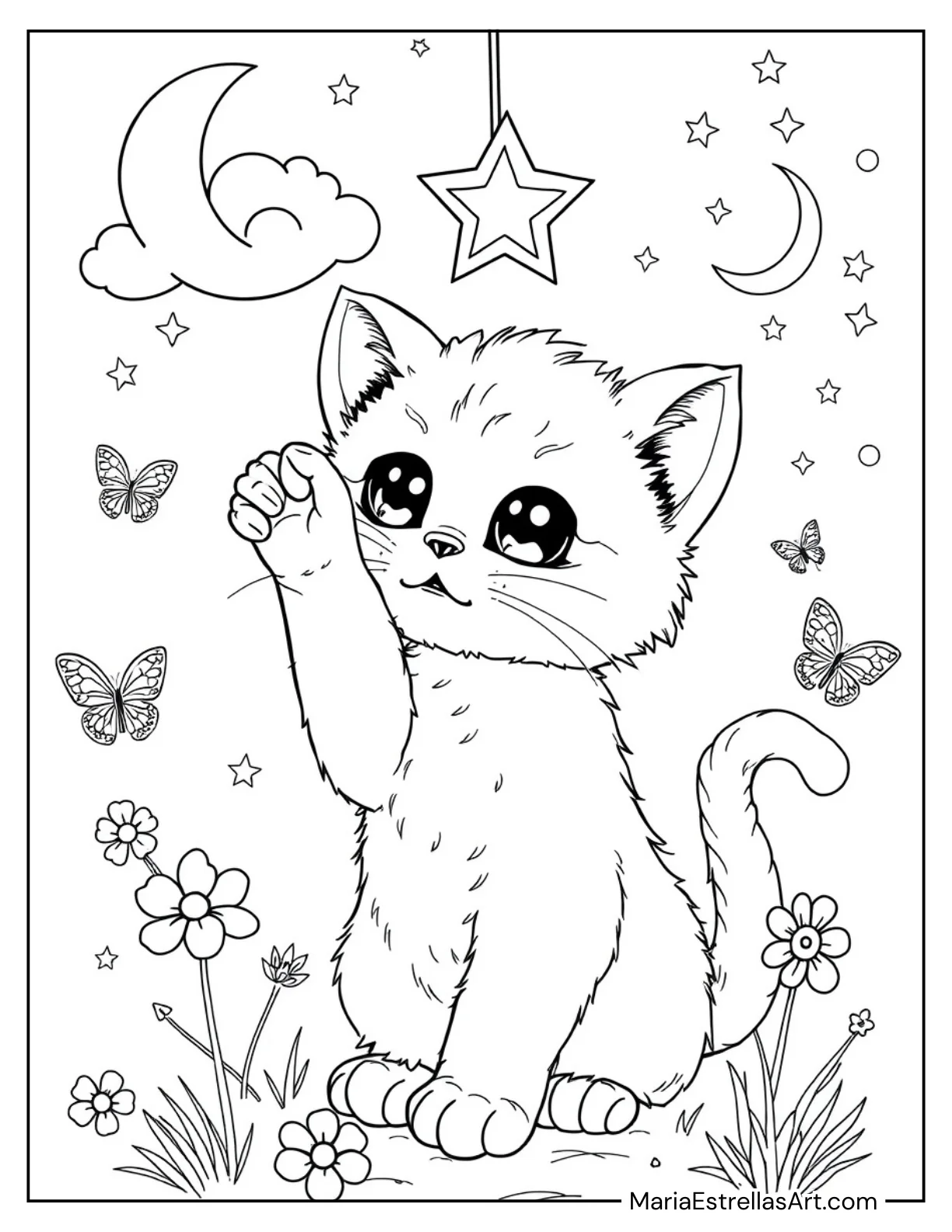 Curious Kitten Reaching for a Star Coloring Page