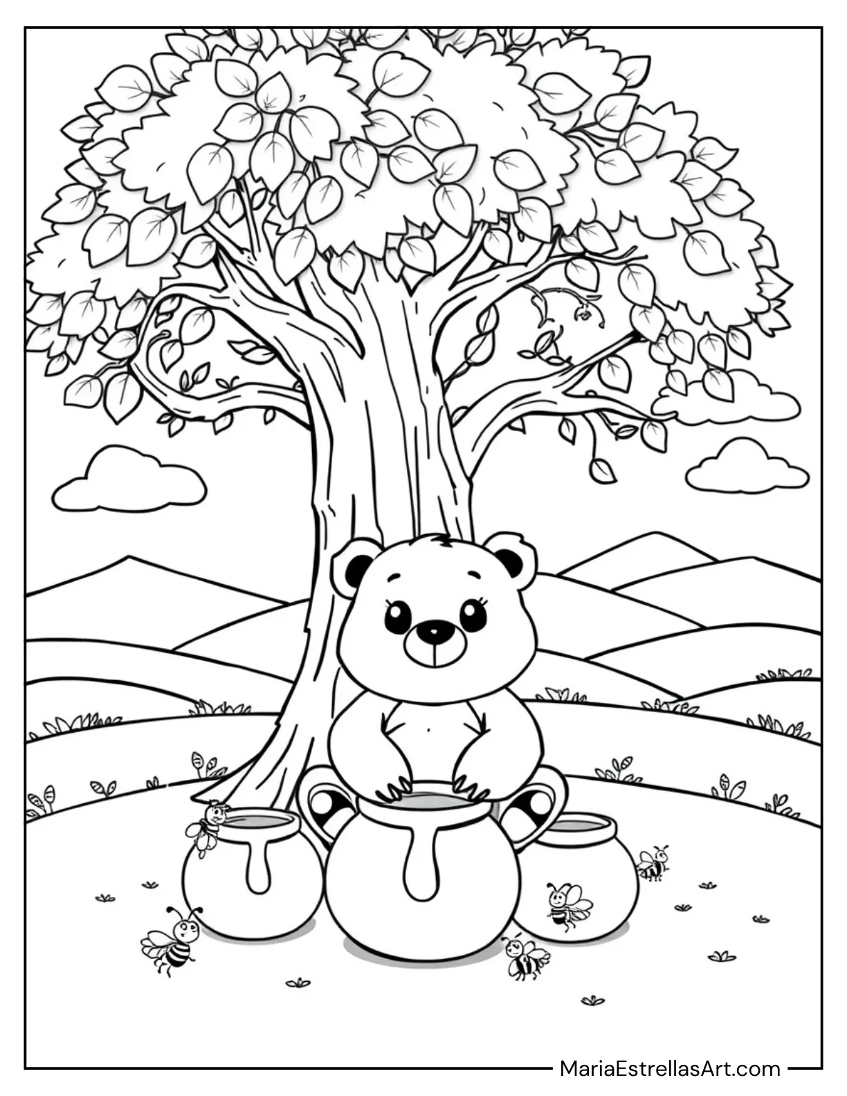 Cute Bear with Honey for Kids to Color