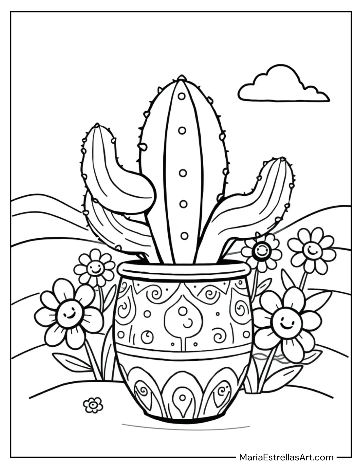 Cute Cactus in a Pot to Color for Kids