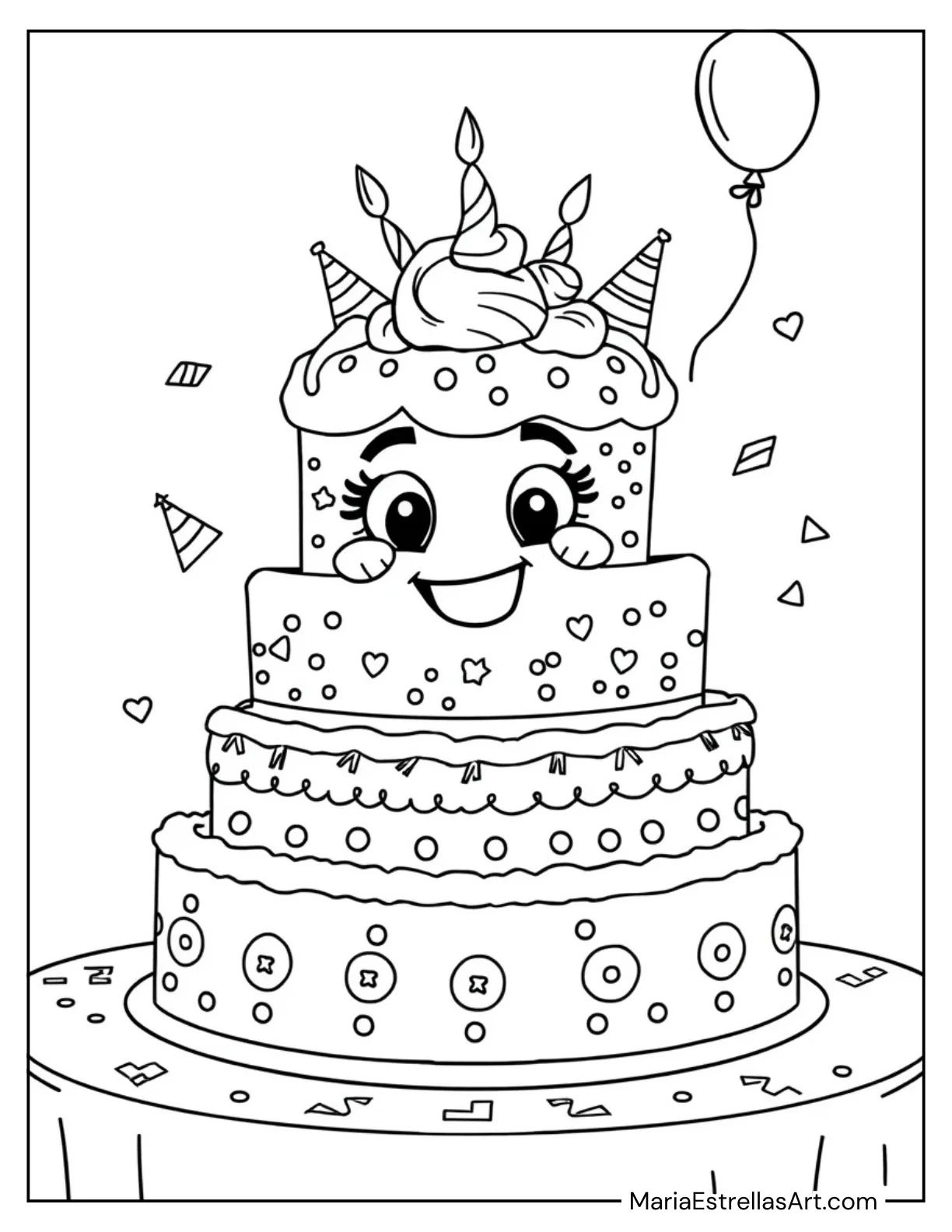 Cute Cartoon Cake with Smiling Face for Kids to Color