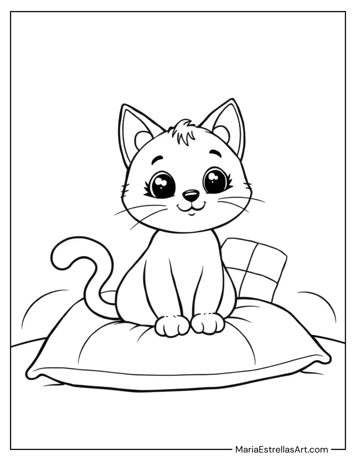 Cute Cartoon Cat Sitting on a Pillow