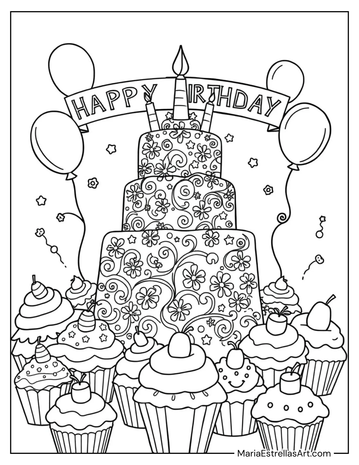 Cute Cupcakes Surrounding a Big Cake Coloring Page