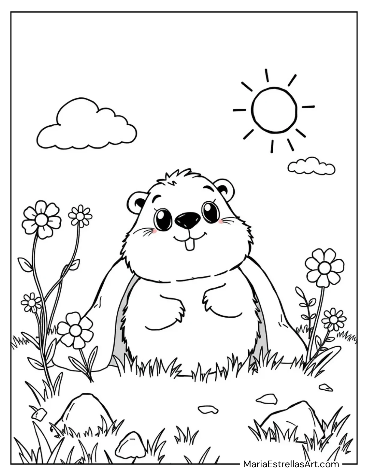 Cute Groundhog Popping Out Coloring Sheet