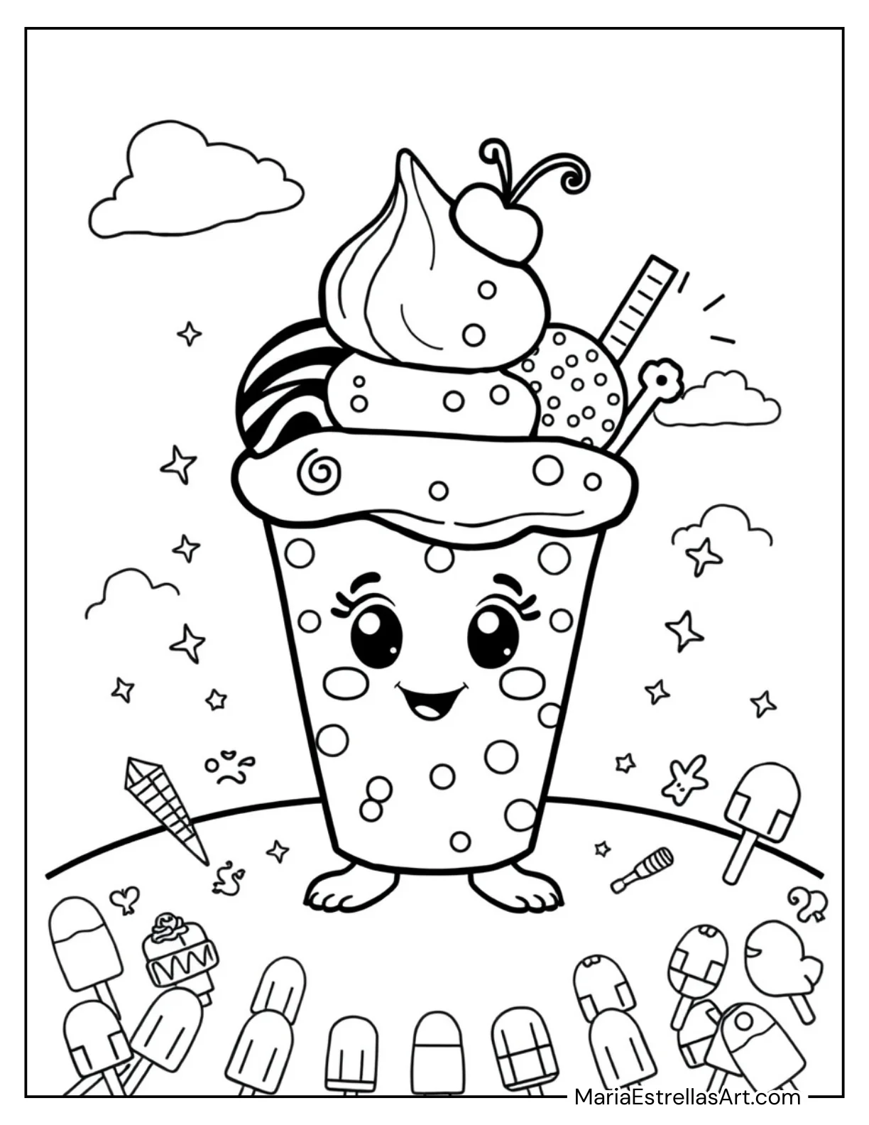 Cute Ice Cream Cup with a Happy Face Coloring Sheet