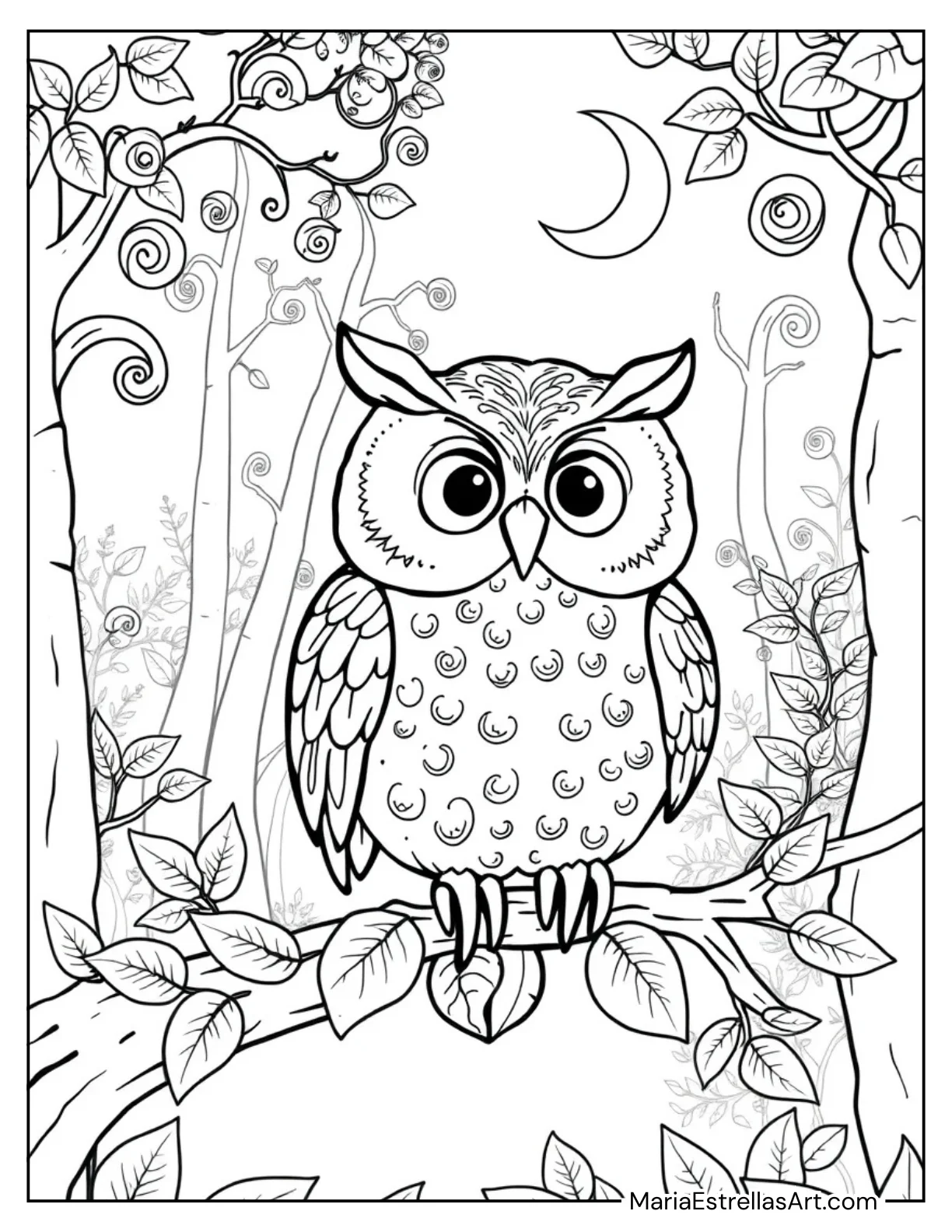 Cute Owl Sitting on a Branch Coloring Sheet