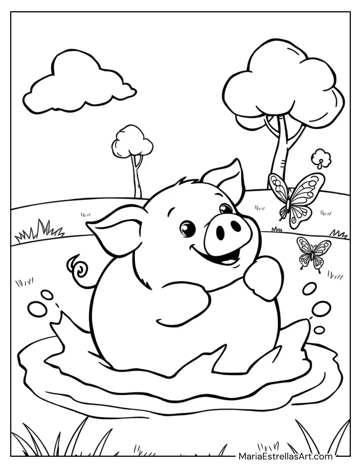 Cute Pig Rolling in a Mud Puddle Coloring Page