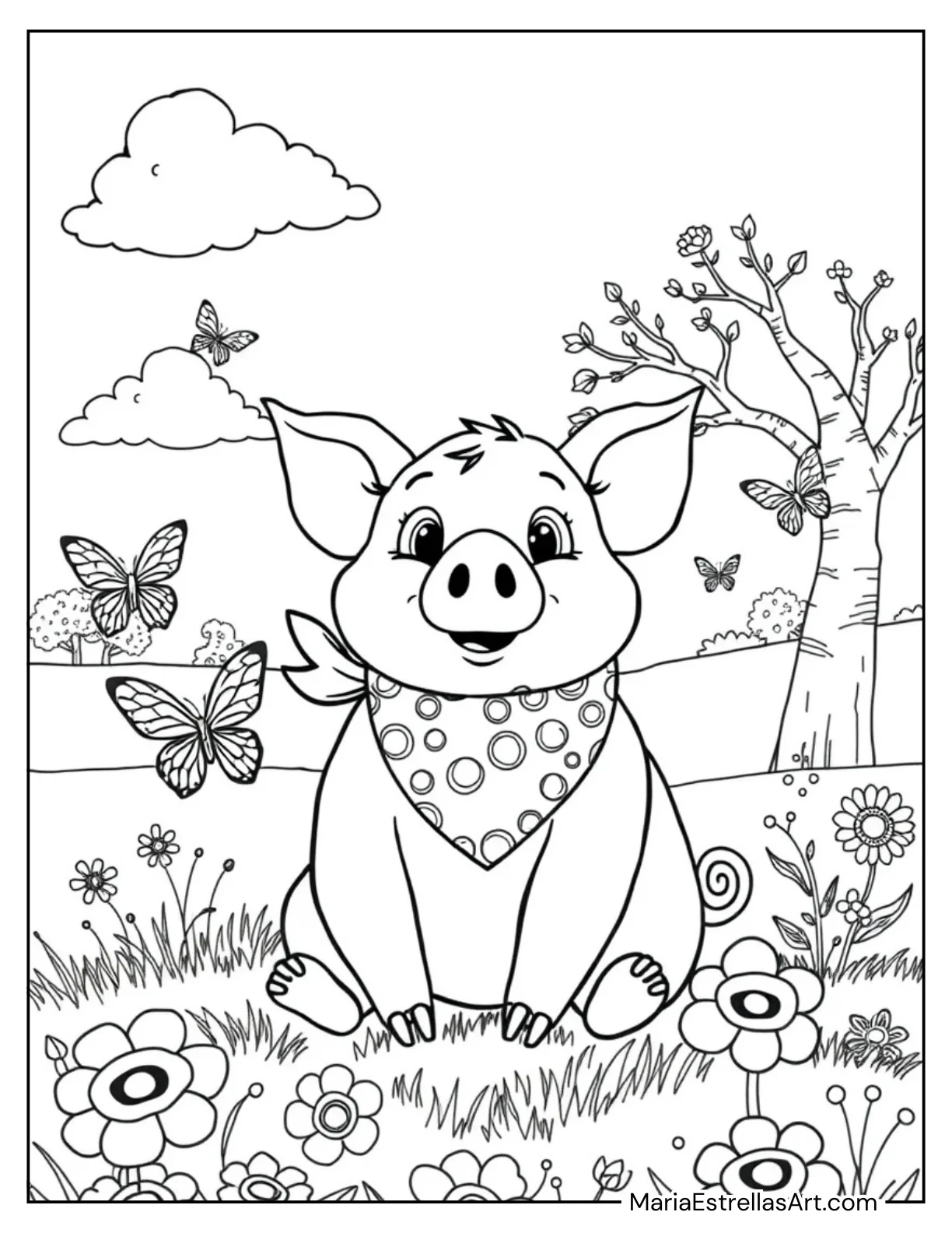 Cute Pig Wearing a Bandana to Color for Kids