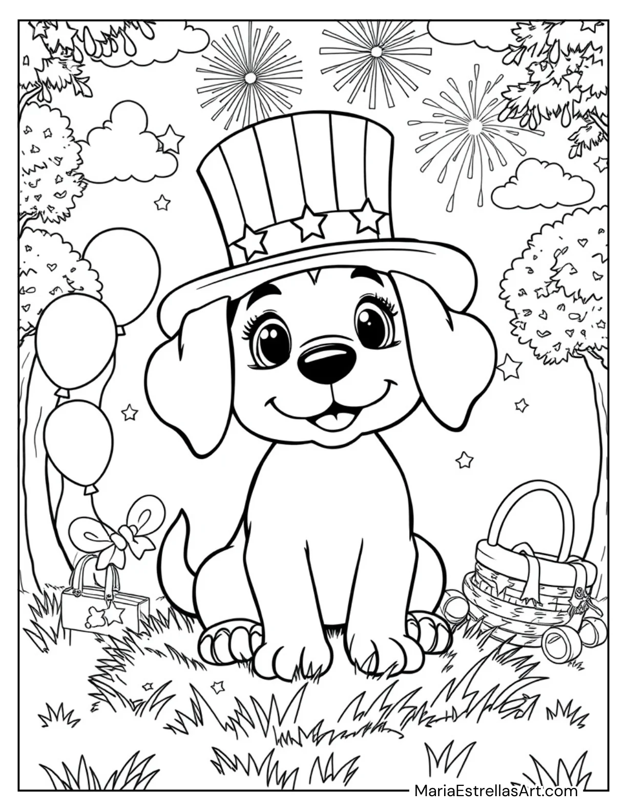 Cute Puppy in a Patriotic Hat Coloring Page