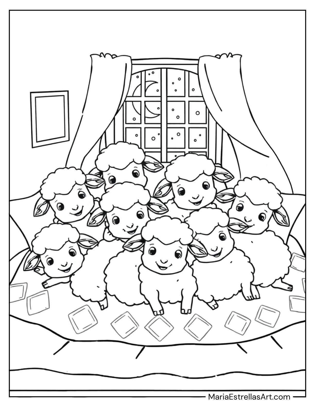 Cute Sheep Piling Together on a Bed Coloring Page