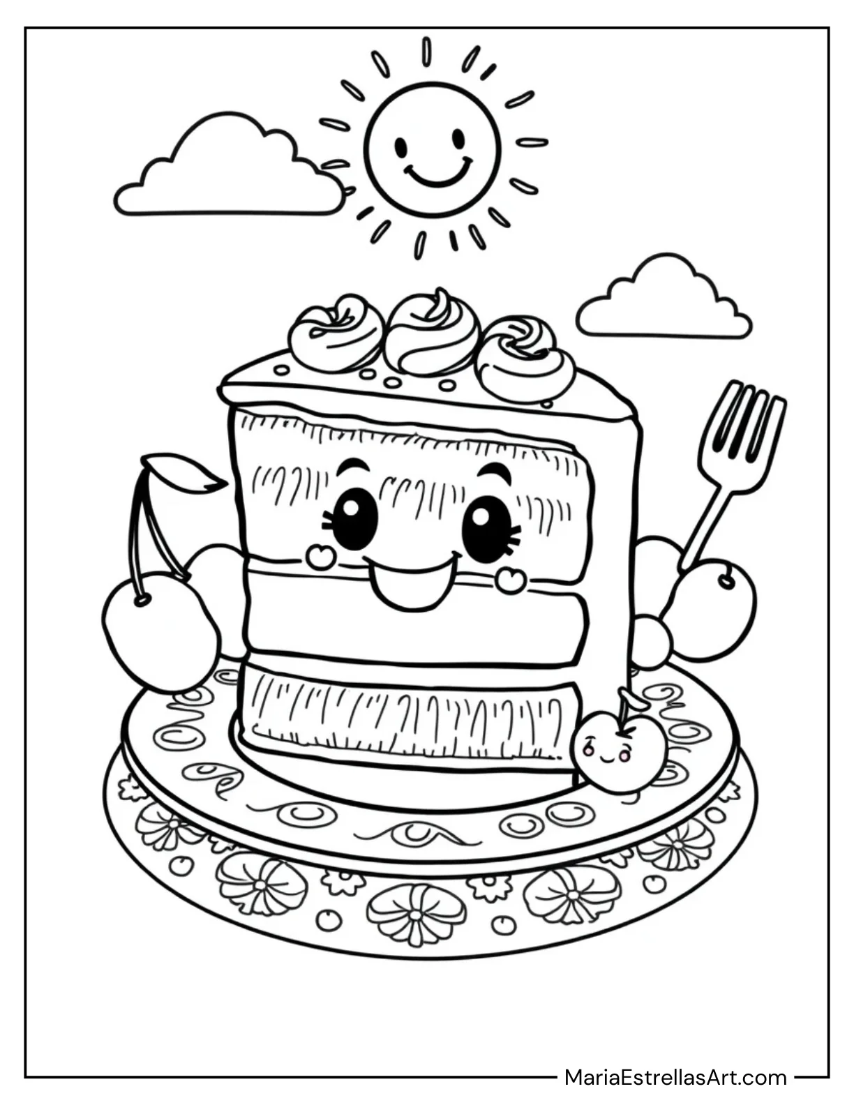 Cute Slice of Cake with a Smile Coloring Sheet