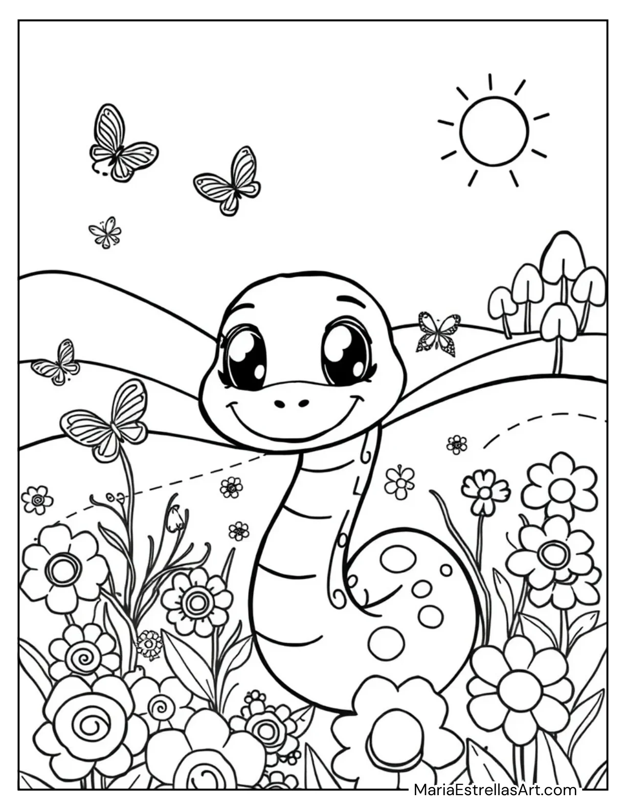 Cute Slithering Snake in a Chibi Style Coloring Sheet