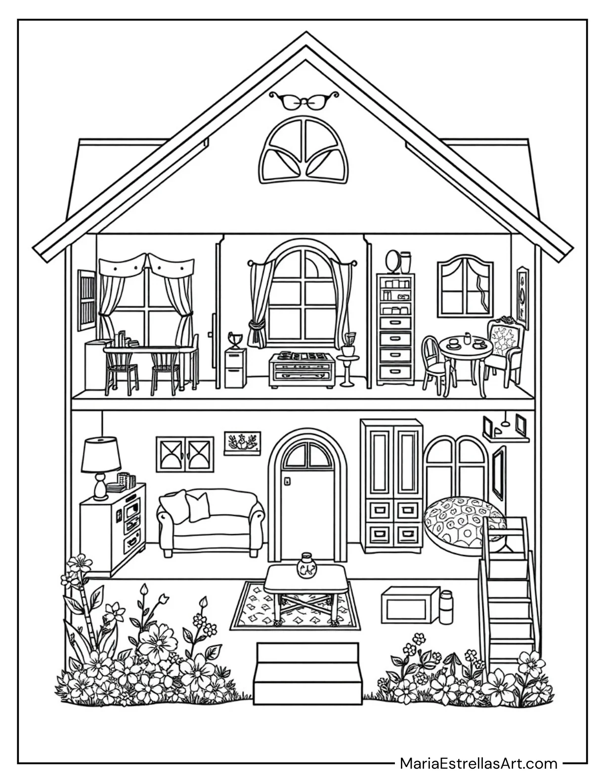 Dollhouse with Open Rooms to Decorate Coloring Page