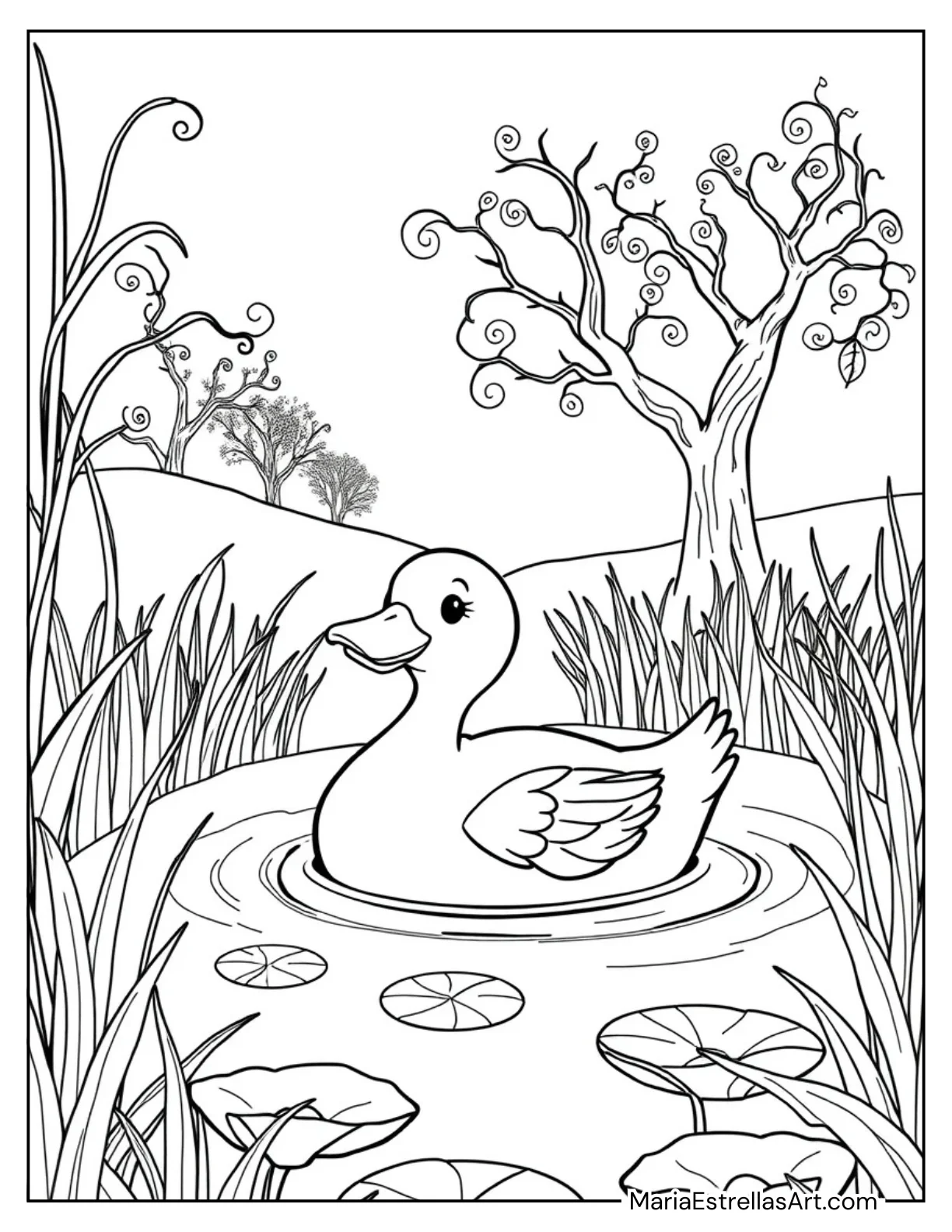 Duck Taking a Swim in a Small Pond to Color for Kids