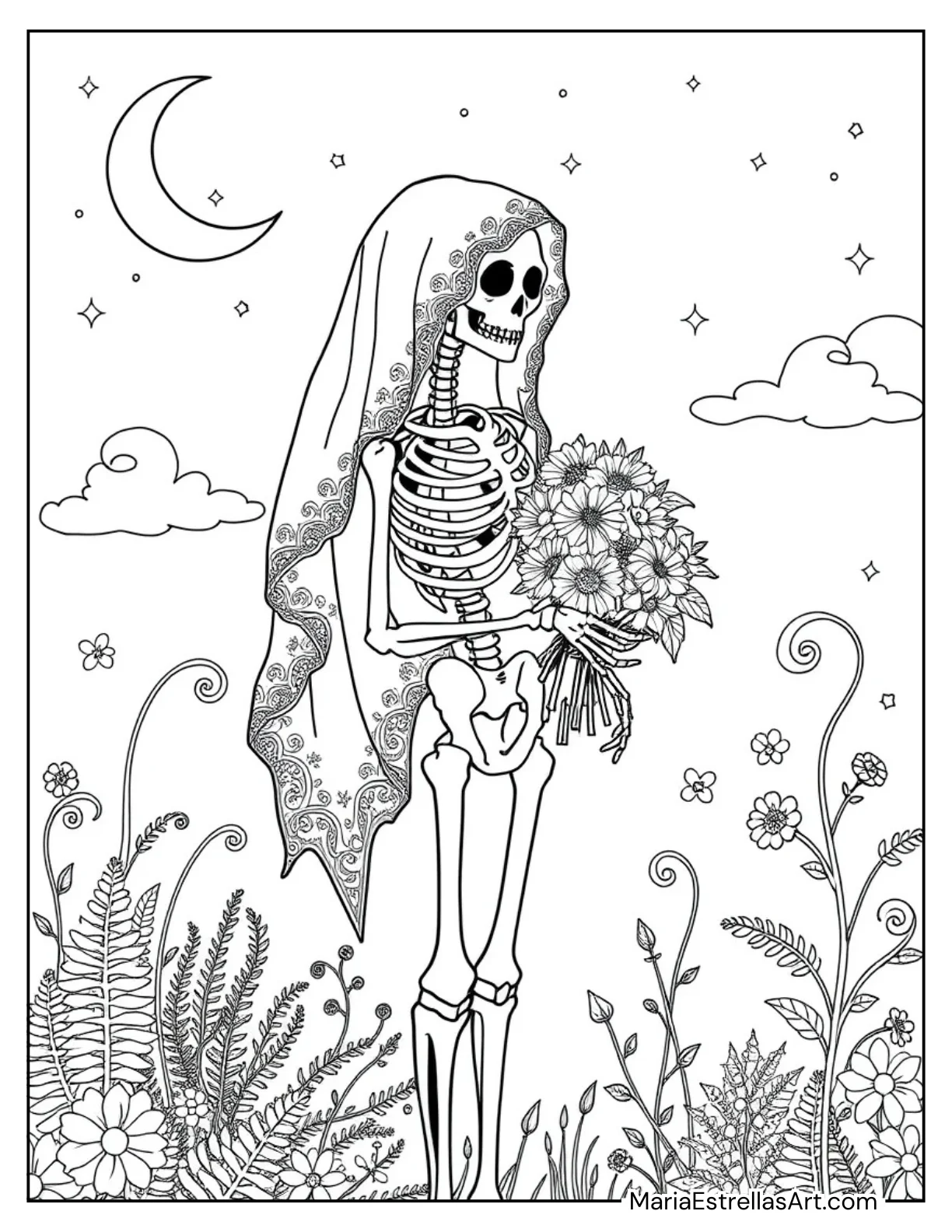 Elegant Skeleton in a Lace Veil Coloring Sheet