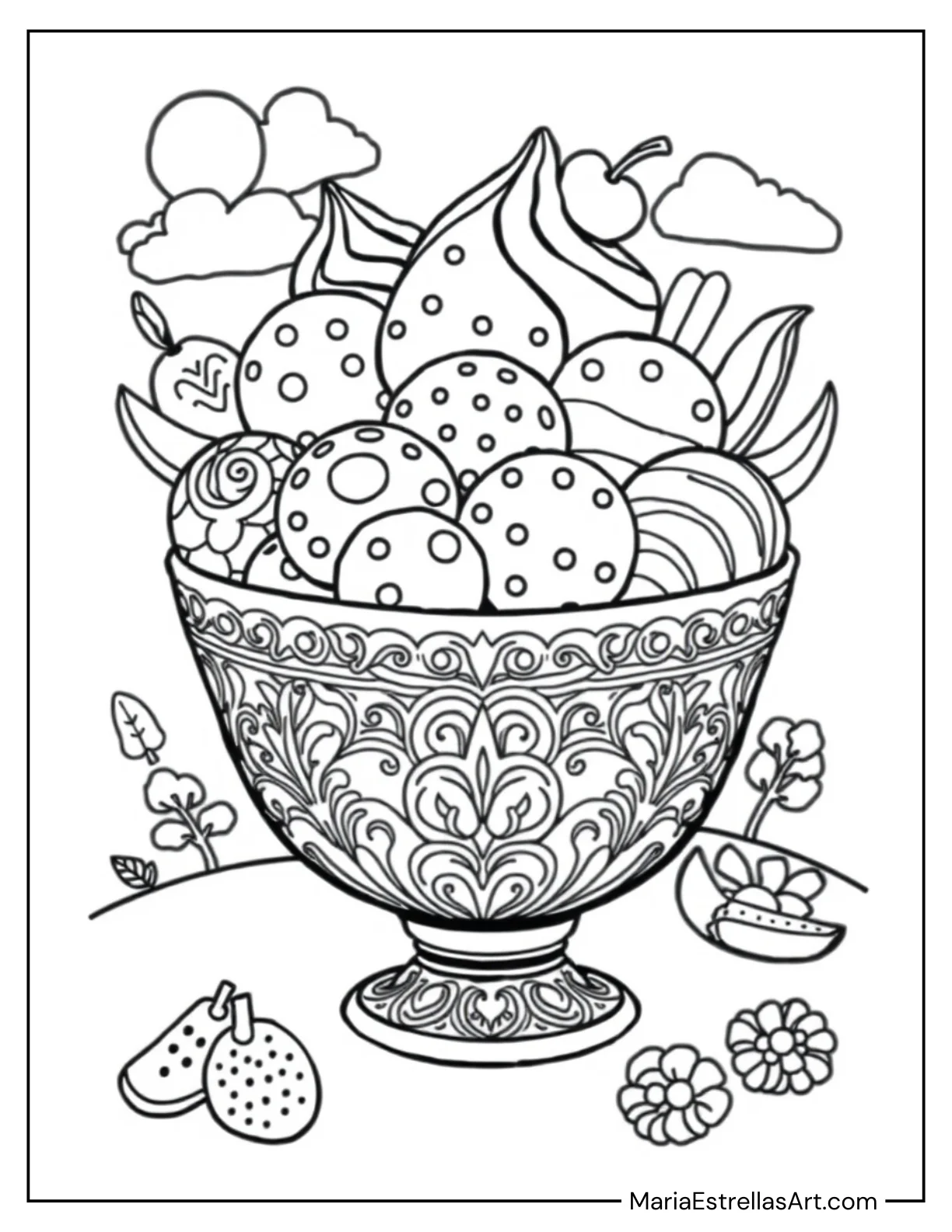 Fancy Ice Cream Bowl with Fruit Toppings Coloring Sheet